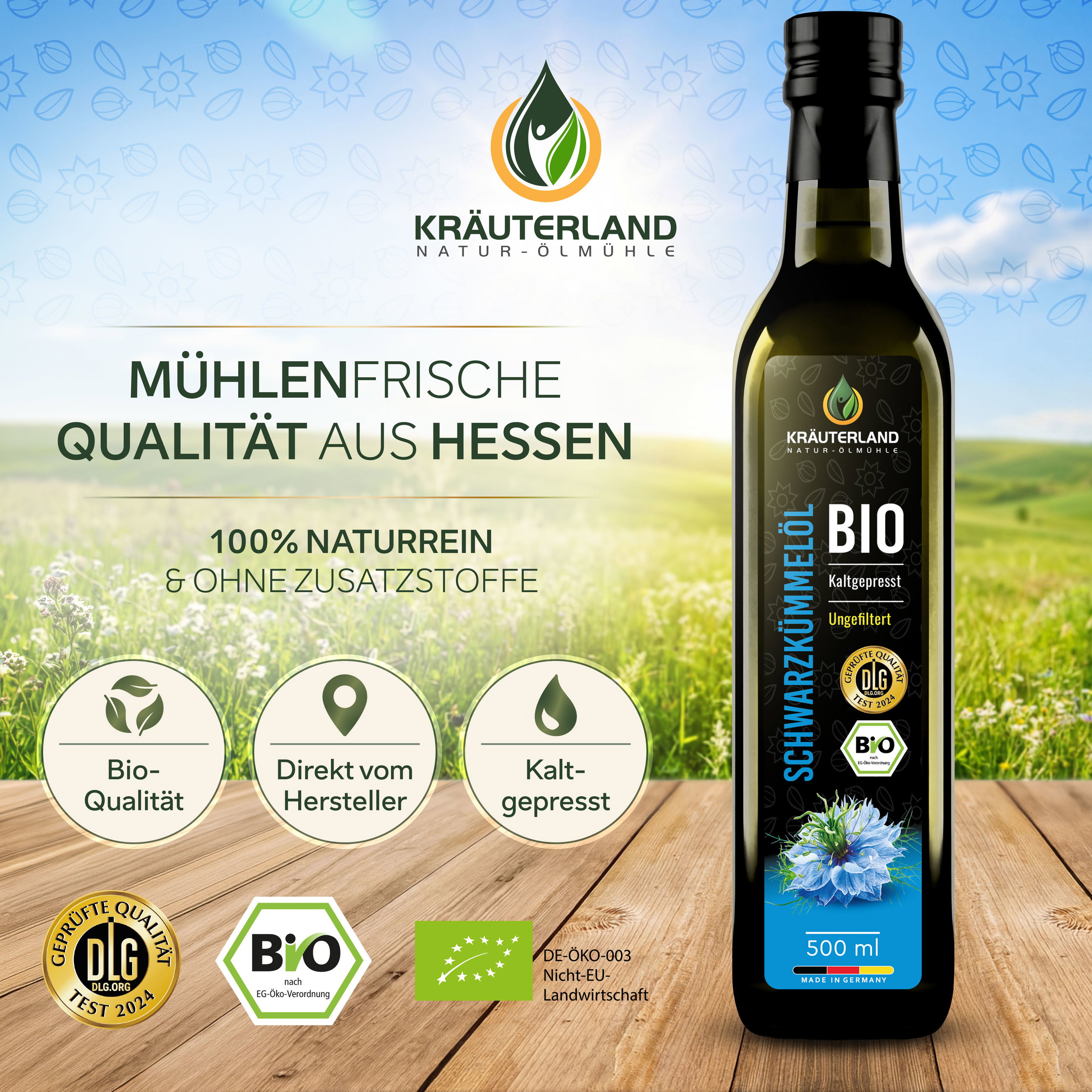 Kräuterland Bio Schwarzkümmelöl 500 ml in mühlenfrischer Qualität aus Hessen, naturrein und ohne Zusatzstoffe