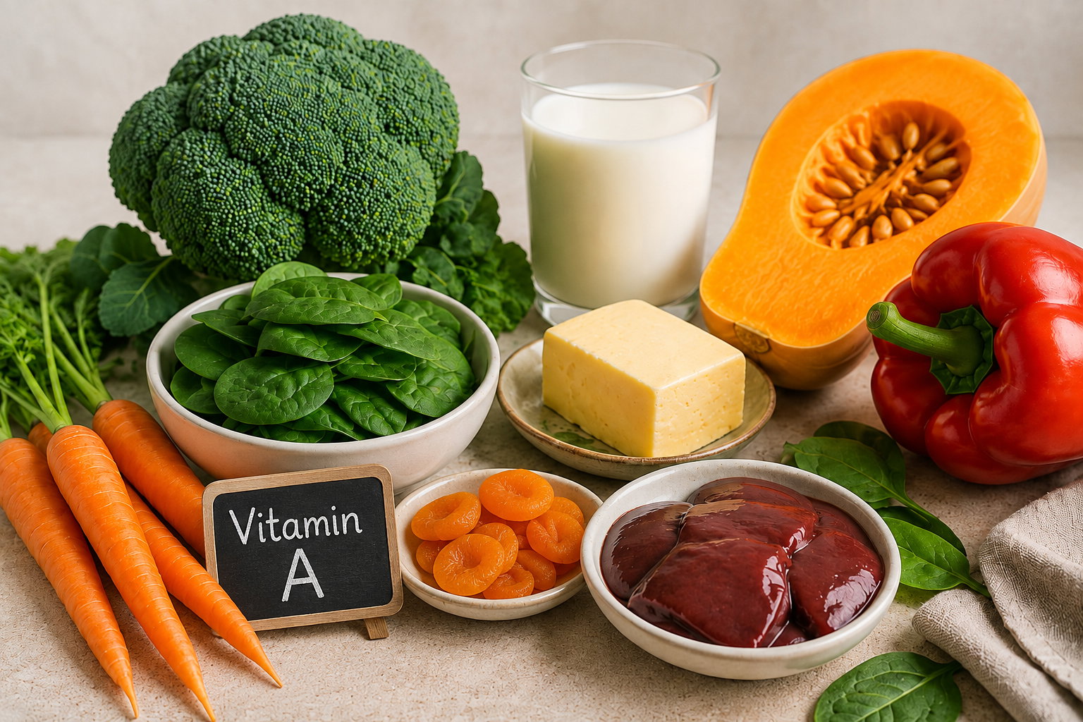 Karotten, Spinat, Brokkoli, Kürbis, Paprika, Aprikosen, Milchprodukte und Leber als Beispiele für Vitamin-A-Lebensmittel