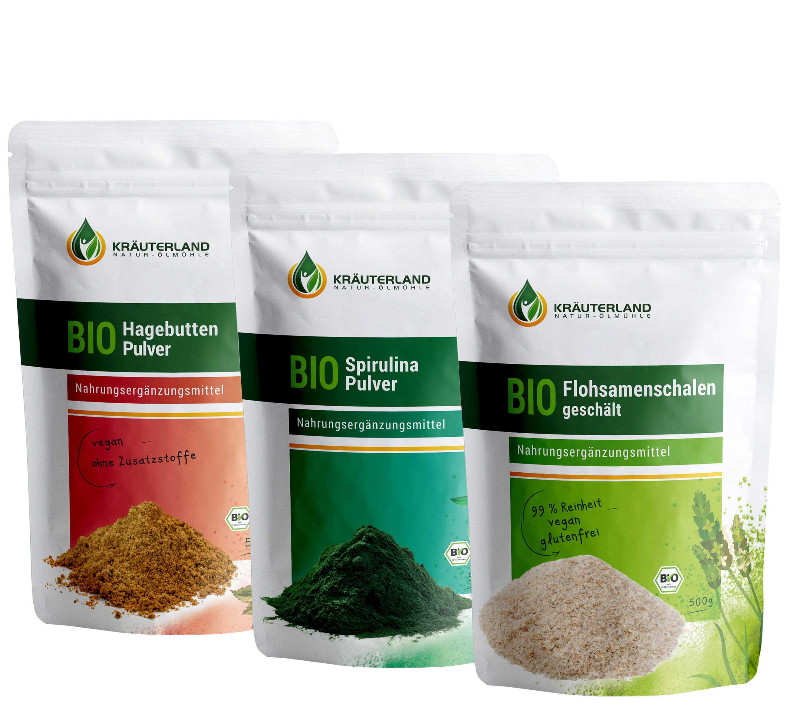 Darm & Ernährung Set von Kräuterland Nahrungsergänzung mit Bio Flohsamenschalen, Bio Spirulina und Bio Hagebutten