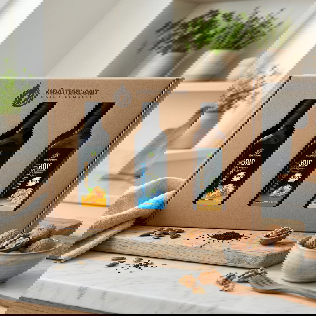 Bio Gourmet Speiseöl Set 100 ml – Kürbiskernöl, Schwarzkümmelöl und Walnussöl in Geschenkbox mit Sichtfenster
