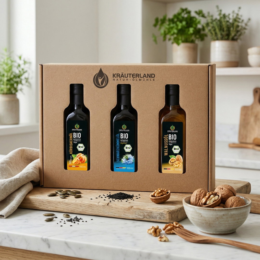 Bio Gourmet Speiseöl Set 100 ml – Geschenkbox mit Sichtfenster | Kräuterland Bio Gourmet Speiseöl Set 100 ml – Kürbiskernöl, Schwarzkümmelöl und Walnussöl in Geschenkbox mit Sichtfenster