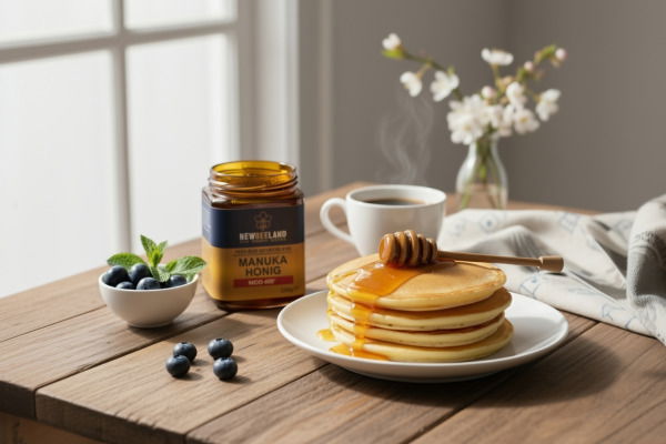 Fluffige Pancakes mit Manuka Honig von NewBeeLand, serviert mit frischen Blaubeeren und einer Tasse Kaffee