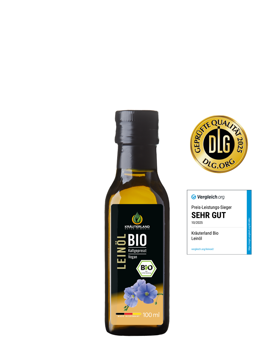 Kräuterland Bio Leinöl 100 ml mit EU Bio Siegel auf weißem Hintergrund