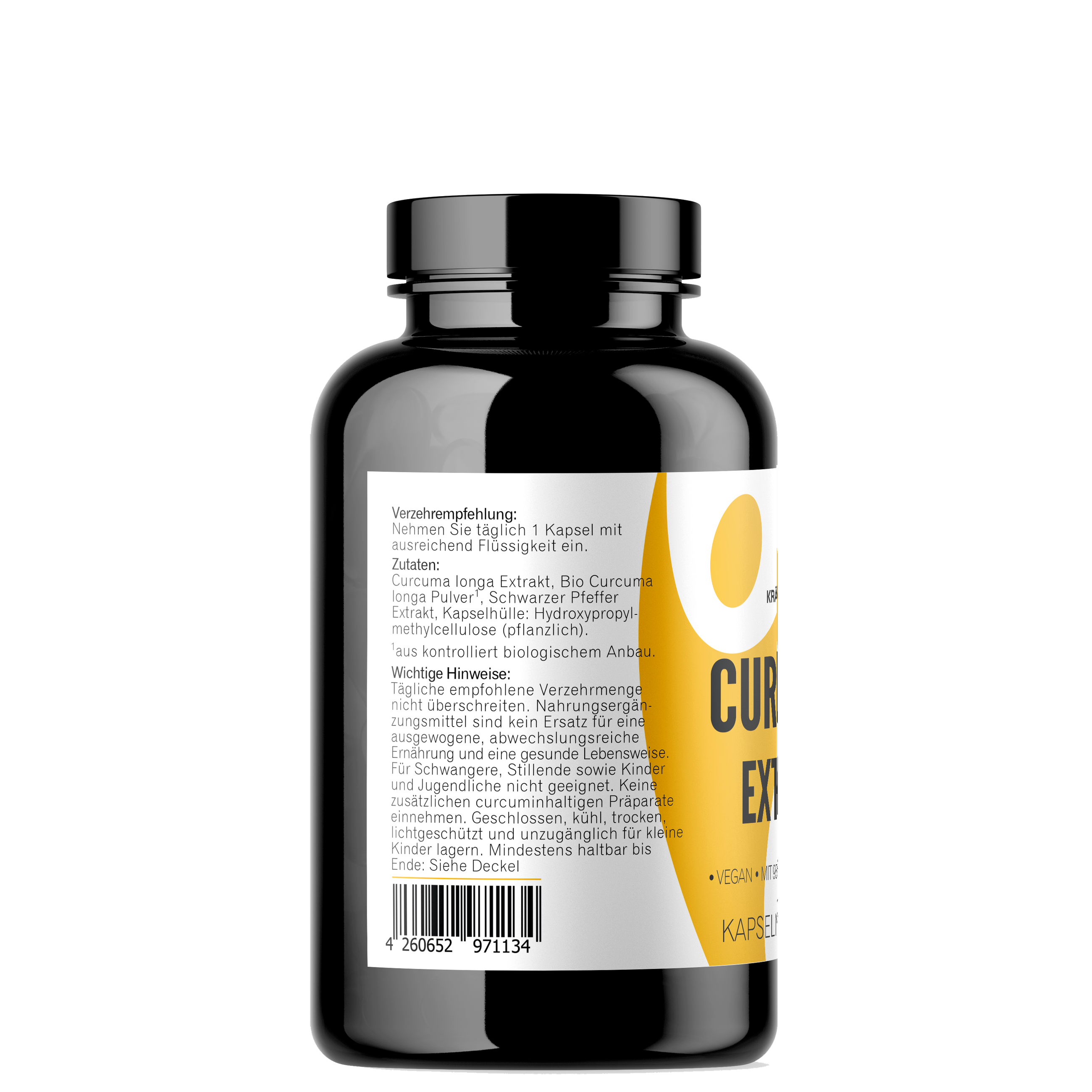 Kurkuma Kapseln 90 Stück Seitenansicht mit Zutaten