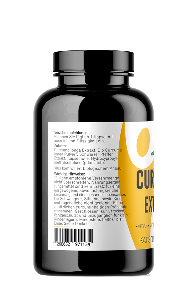 Kurkuma Kapseln 90 Stück Seitenansicht mit Zutaten