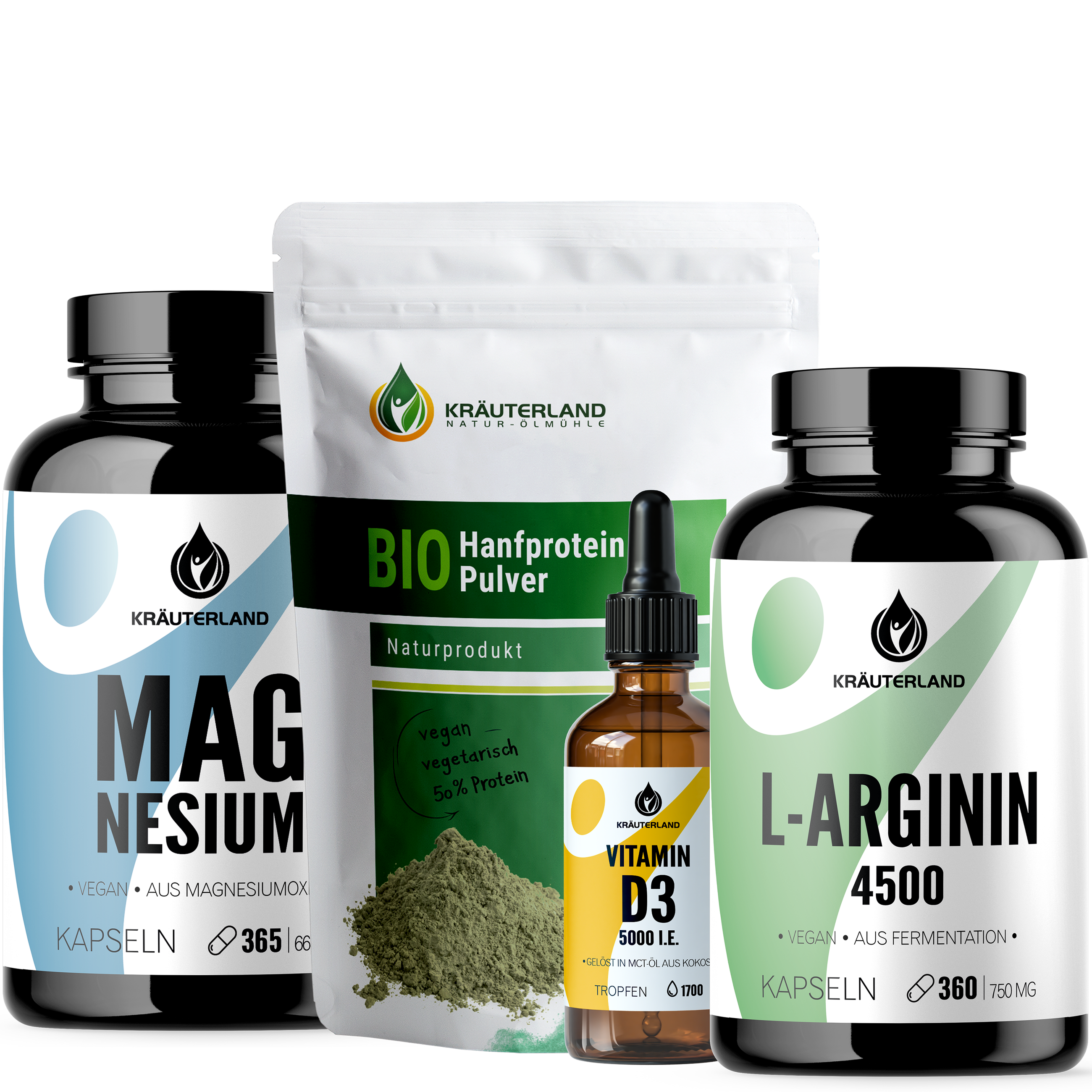 Aktiv & Sport Set von Kräuterland Nahrungsergänzung mit Magnesium Kapseln, L-Arginin Kapseln, Vitamin D3 Tropfen und Hanfprotein Pulver