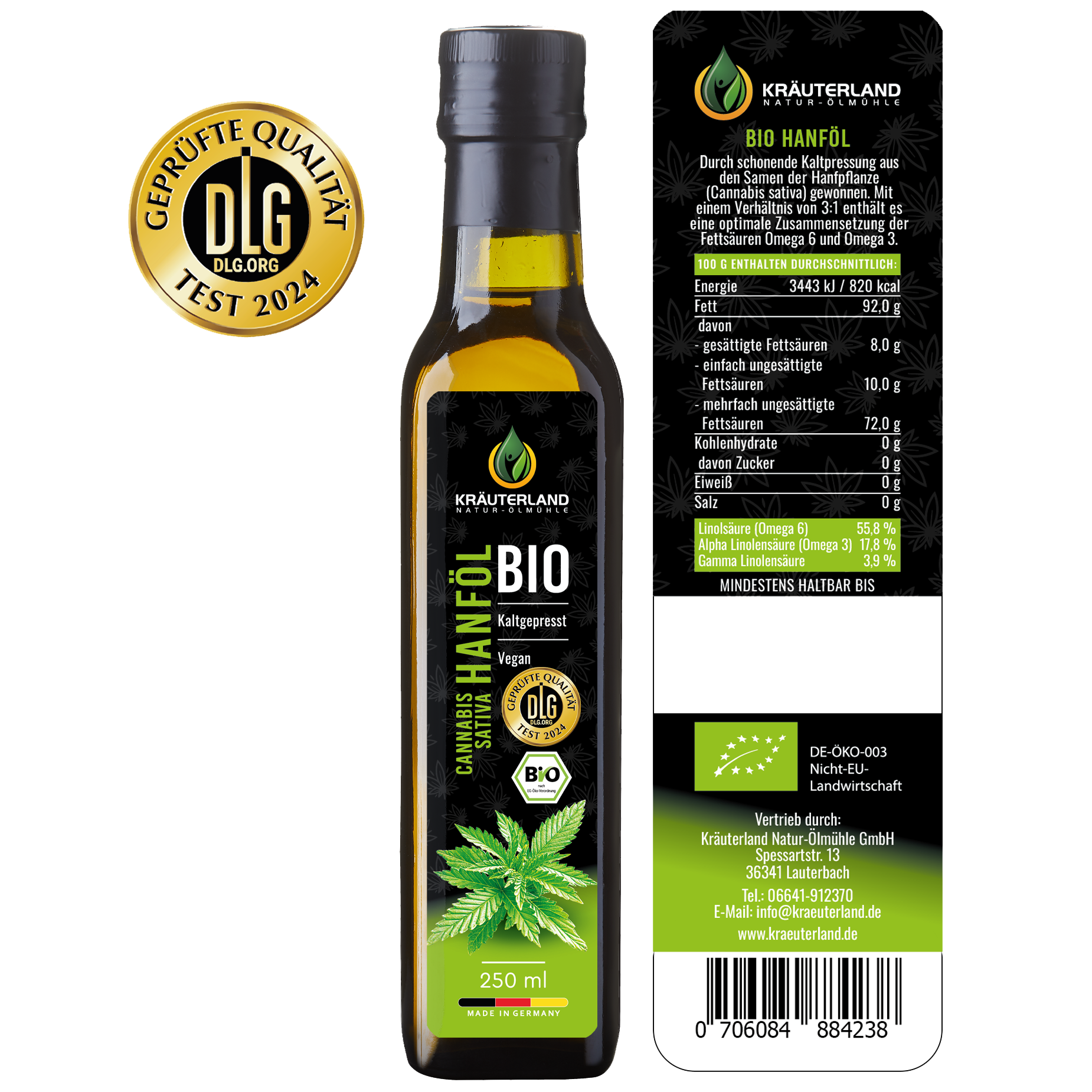 Kräuterland Bio Hanföl 250 ml Rückseite Kräuterland Bio Hanföl 250 ml Rückseite
