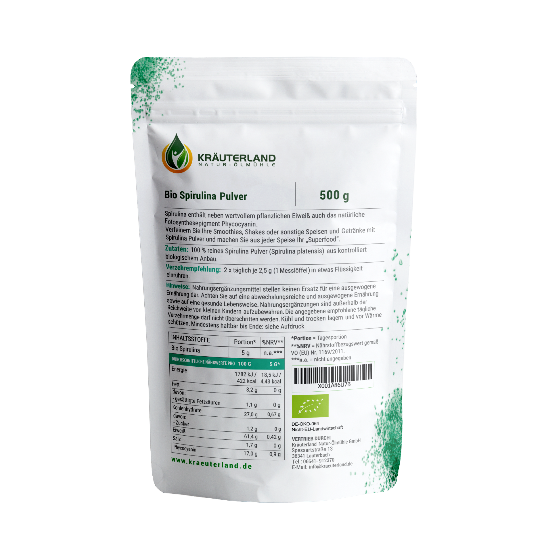 Bio Spirulina Pulver 500g Rückseite Bio Spirulina Pulver 500g Rückseite