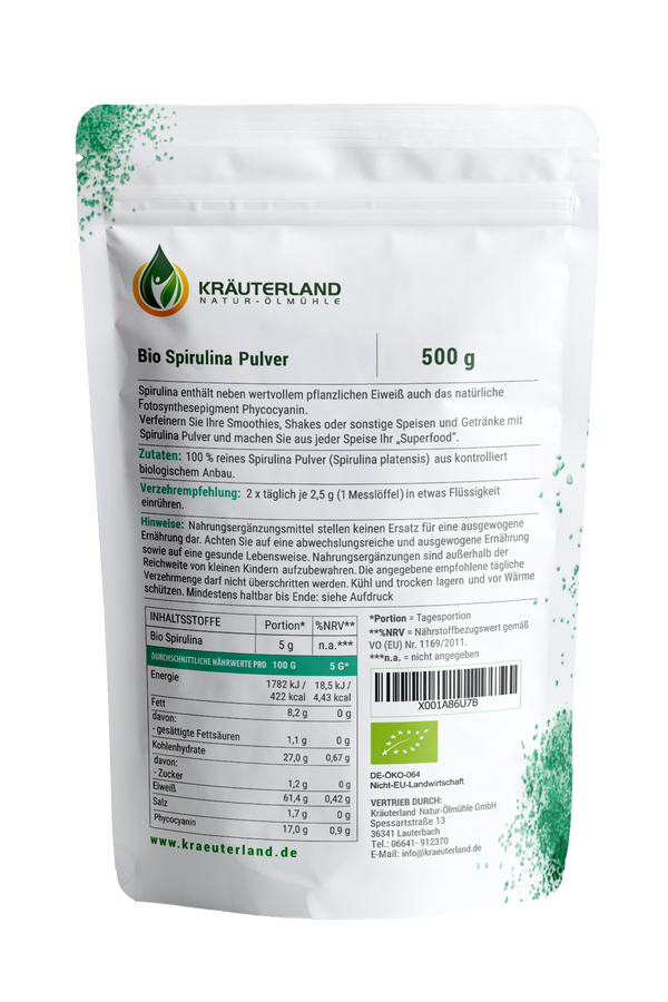 Bio Spirulina Pulver 500g Rückseite Bio Spirulina Pulver 500g Rückseite