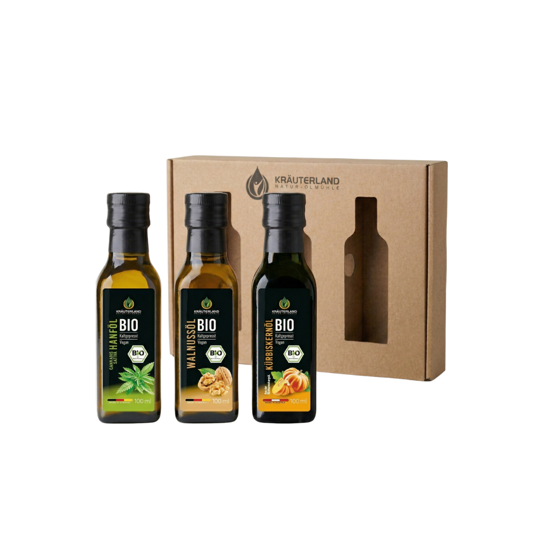 Bio Salatöl Set 100 ml – Kürbiskern-, Hanf- & Walnussöl | Kräuterland Bio Salatöl Set 100 ml – Kürbiskernöl, Hanföl und Walnussöl von Kräuterland