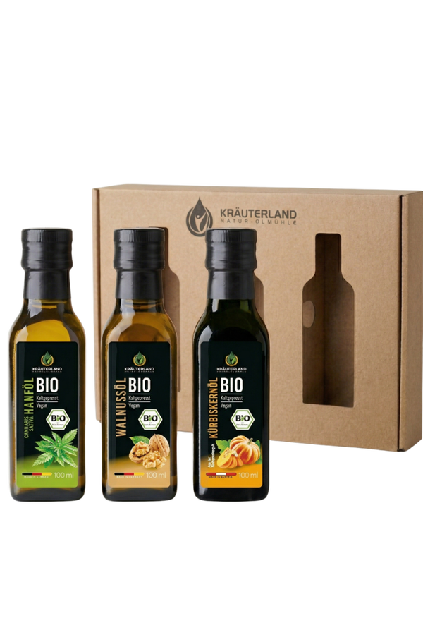 Bio Salatöl Set 100 ml – Kürbiskern-, Hanf- & Walnussöl | Kräuterland Bio Salatöl Set 100 ml – Kürbiskernöl, Hanföl und Walnussöl von Kräuterland