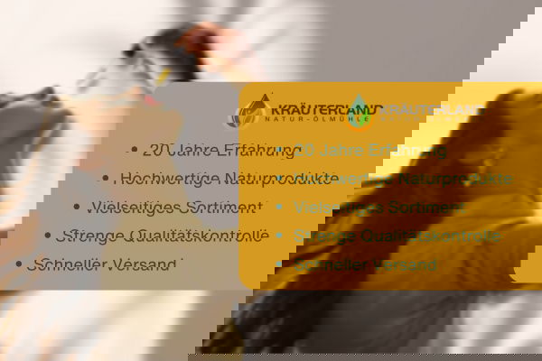 Kräuterland Vertrauensmotiv mit Frau beim Einnehmen von Tropfen und hervorgehobenen Qualitätsversprechen