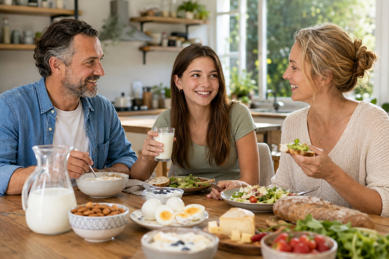 Familie beim Essen mit Milch, Eiern, Käse, Joghurt, Mandeln, Brot und Salat als Beispiele für Vitamin-B2-Quellen