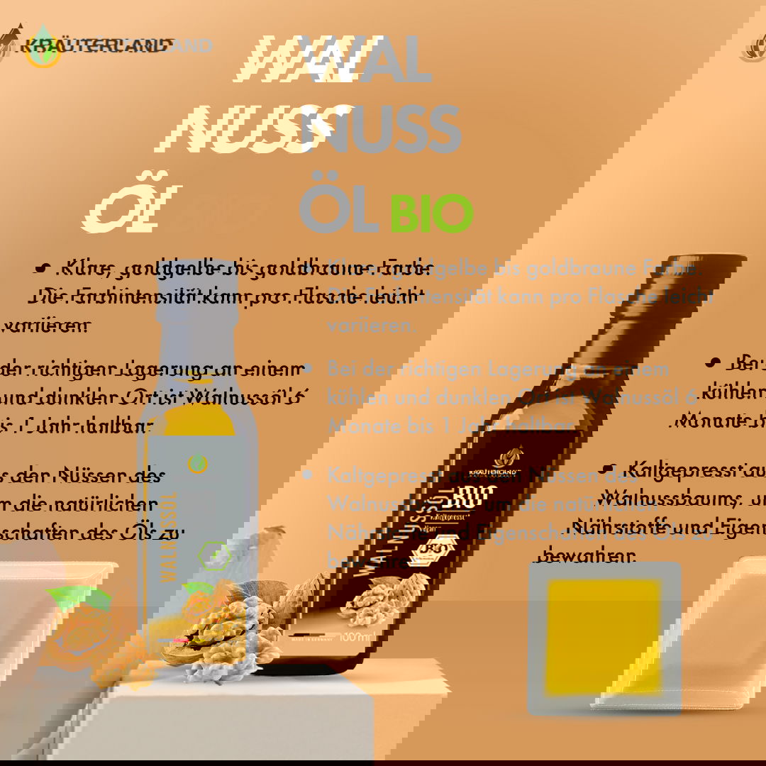 Bio Walnussöl von Kräuterland mit Informationen zu Farbe Lagerung und kaltgepresster Herstellung
