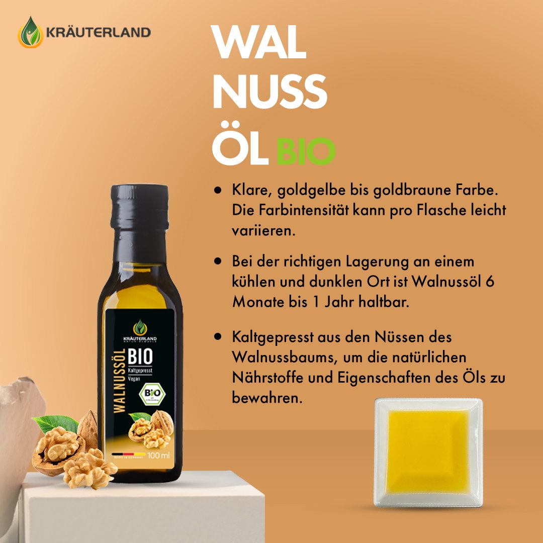 Kräuterland Bio Walnussöl Eigenschaften und Qualitätsbeschreibung Bio Walnussöl von Kräuterland mit Informationen zu Farbe Lagerung und kaltgepresster Herstellung