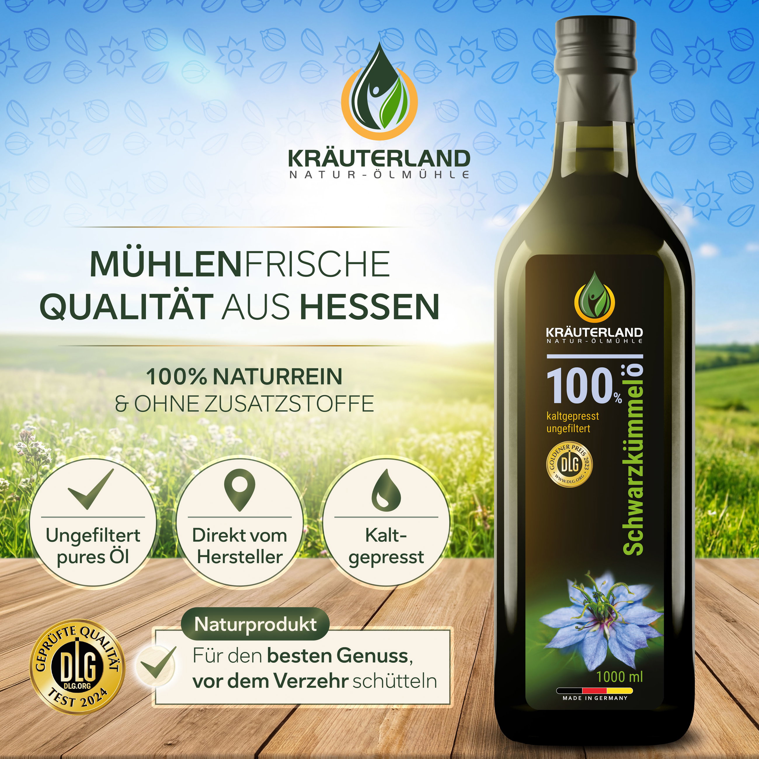 Kräuterland Schwarzkümmelöl ungefiltert 1 Liter Kräuterland Schwarzkümmelöl ungefiltert 1 Liter in mühlenfrischer Qualität aus Hessen, naturrein, ohne Zusatzstoffe und kaltgepresst
