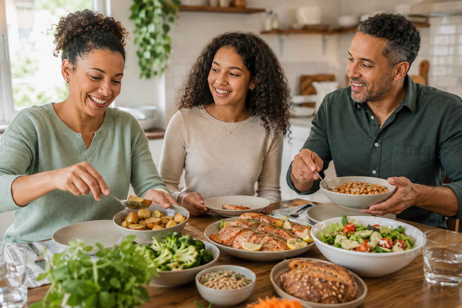 Familie beim gemeinsamen Essen mit Lachs, Kartoffeln, Hülsenfrüchten, Brokkoli und Vollkornbrot als Beispiele für Vitamin-B6-Quellen