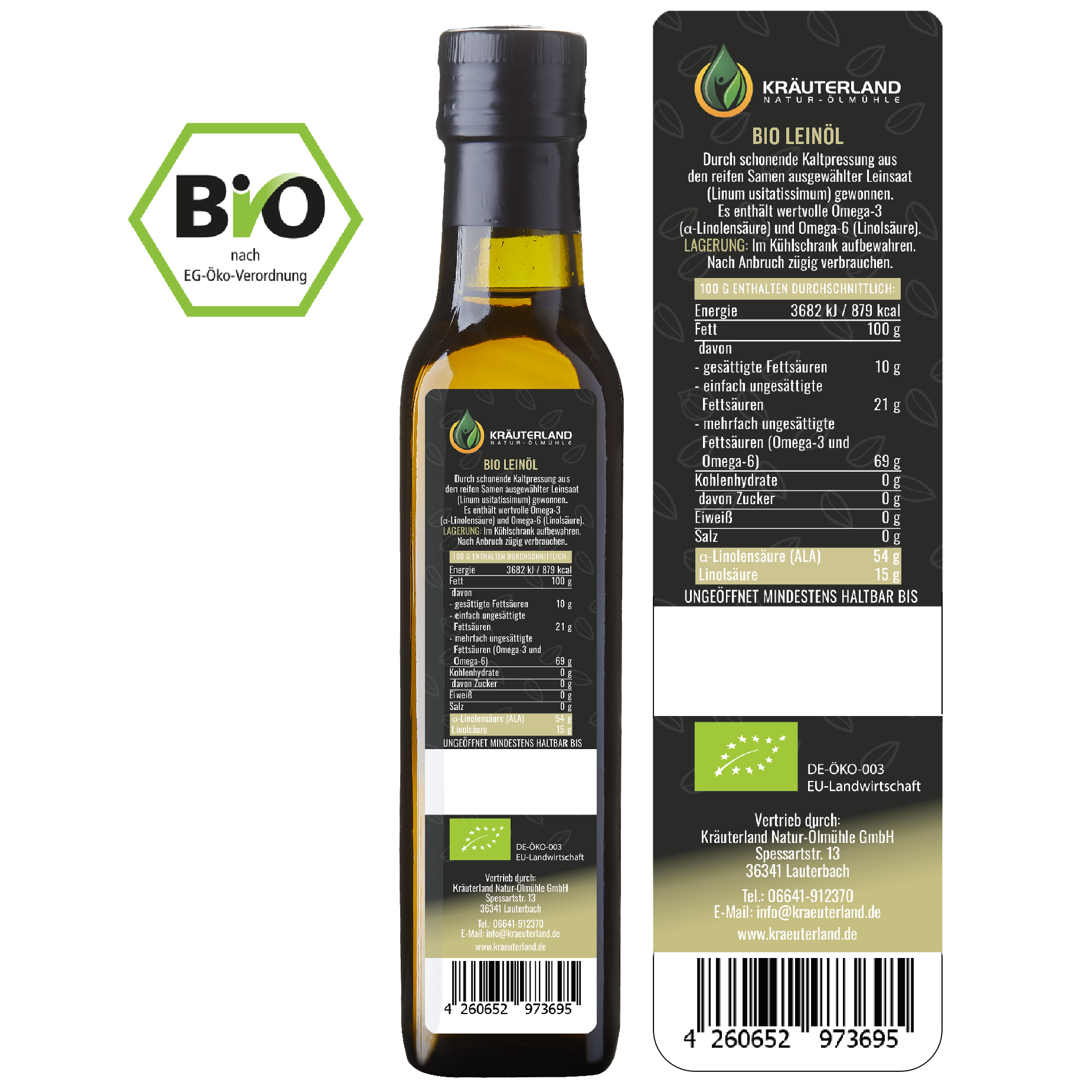 Kräuterland Bio Leinöl 250 ml Rückseite Kräuterland Bio Leinöl 250 ml Rückseite