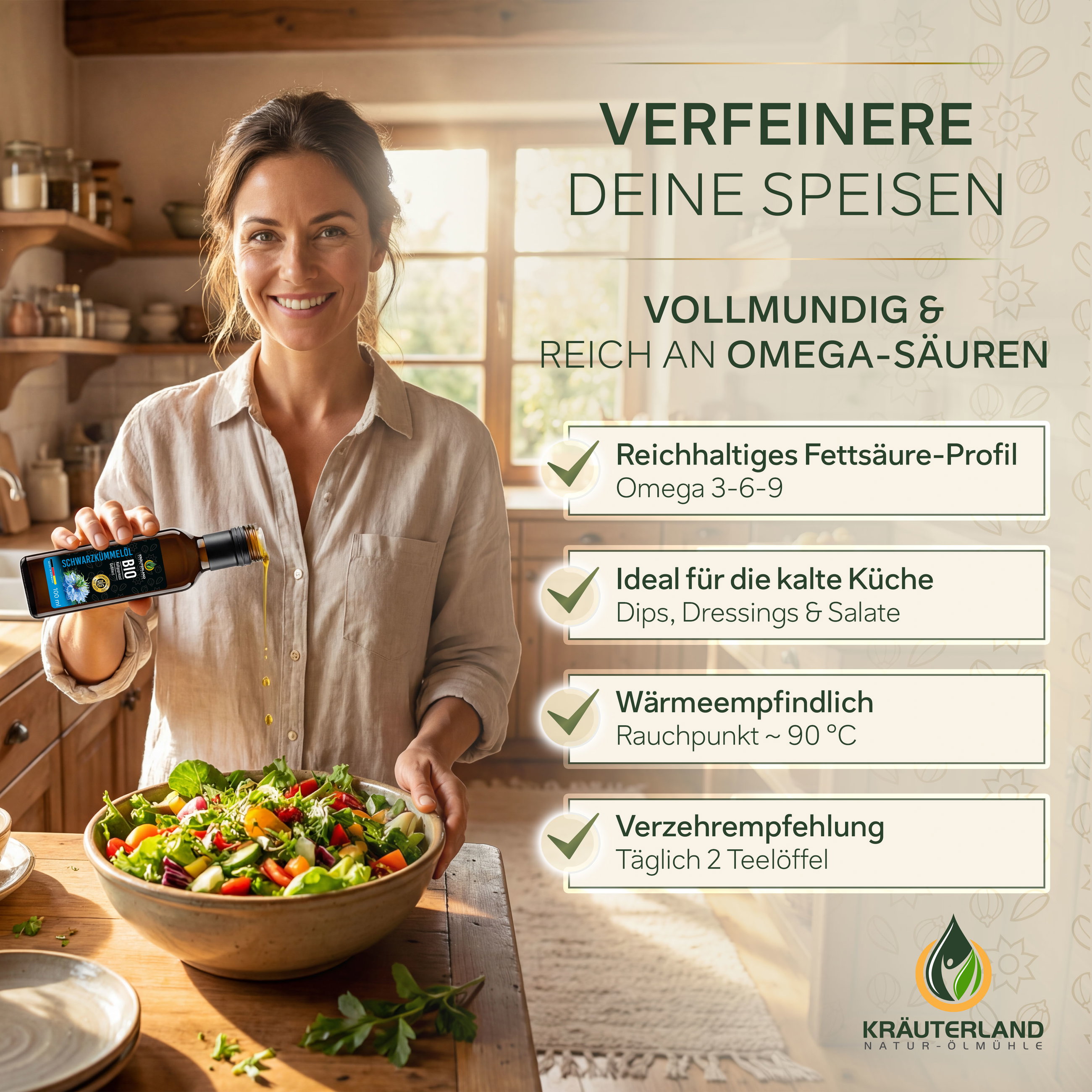 Kräuterland Bio Schwarzkümmelöl gefiltert 100 ml zum Verfeinern von Speisen, ideal für Dressings, Dips und Salate