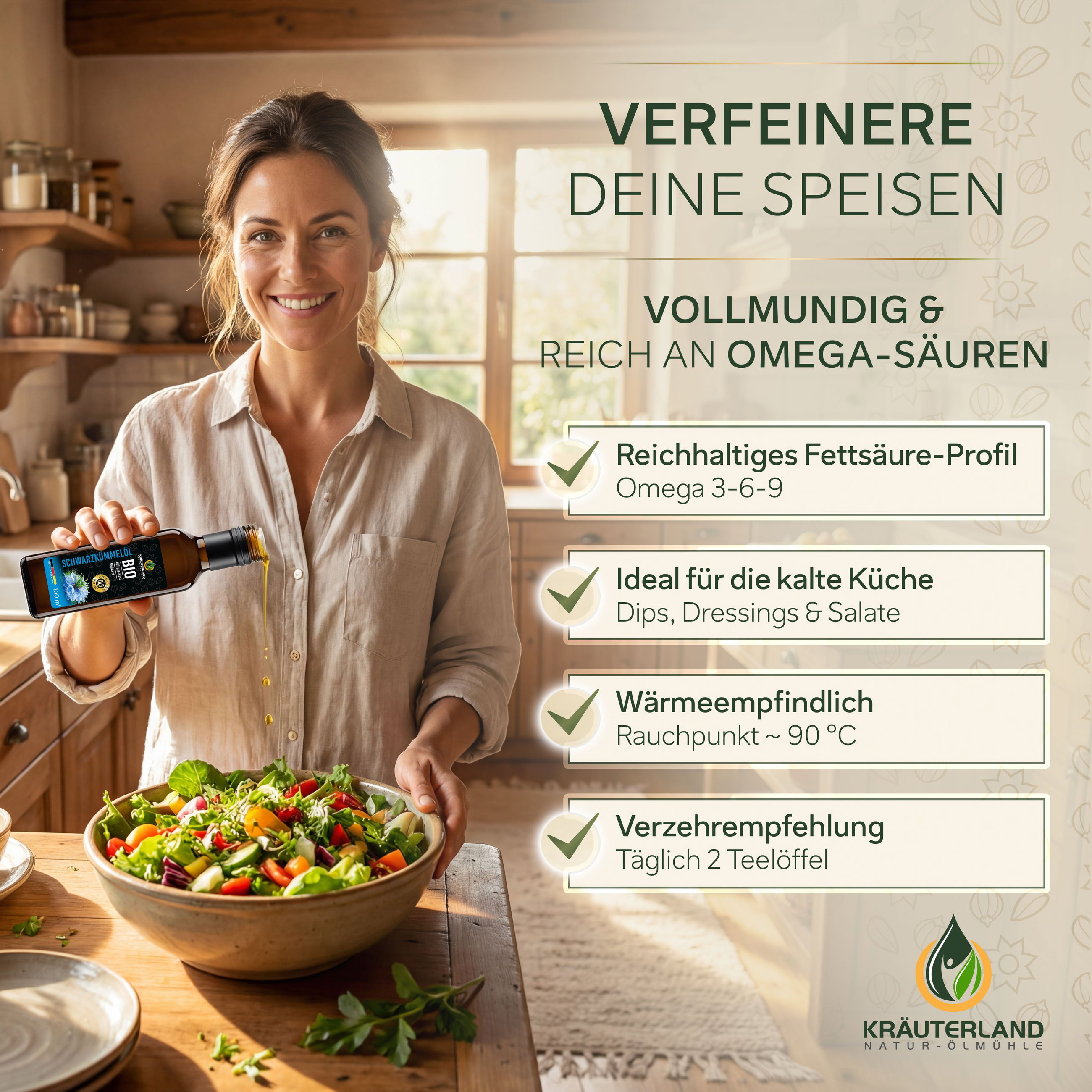 Gefiltertes Schwarzkümmelöl für die kalte Küche Kräuterland Bio Schwarzkümmelöl gefiltert 100 ml zum Verfeinern von Speisen, ideal für Dressings, Dips und Salate