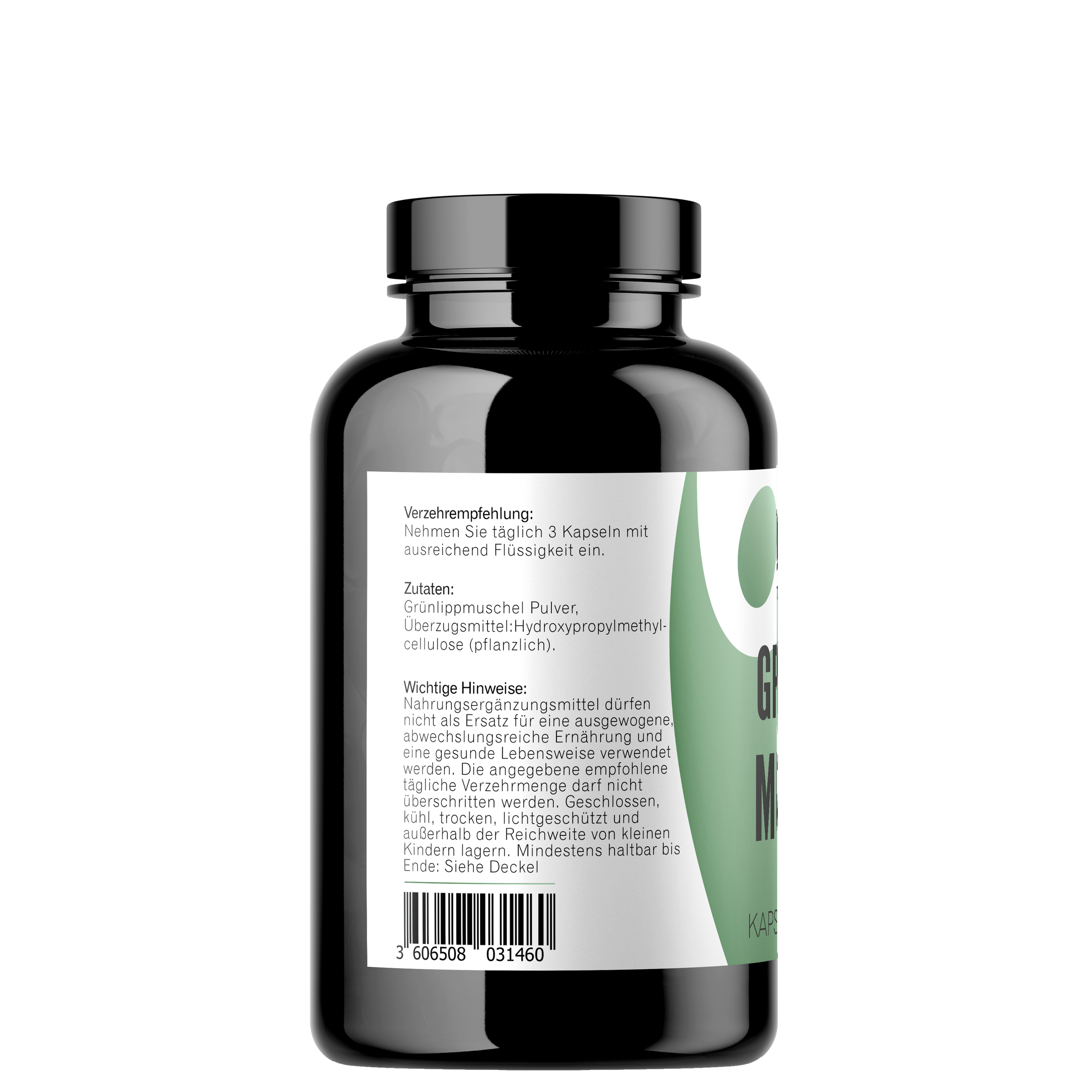 Grünlippmuschel Kapseln 180 Stück Seitenansicht mit Zutaten