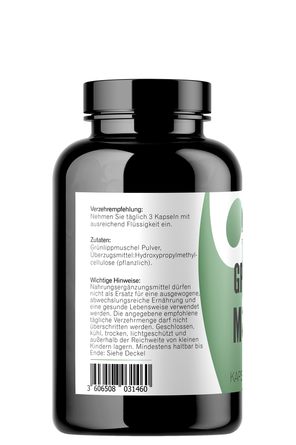 Grünlippmuschel Kapseln 180 Stück Seitenansicht mit Zutaten