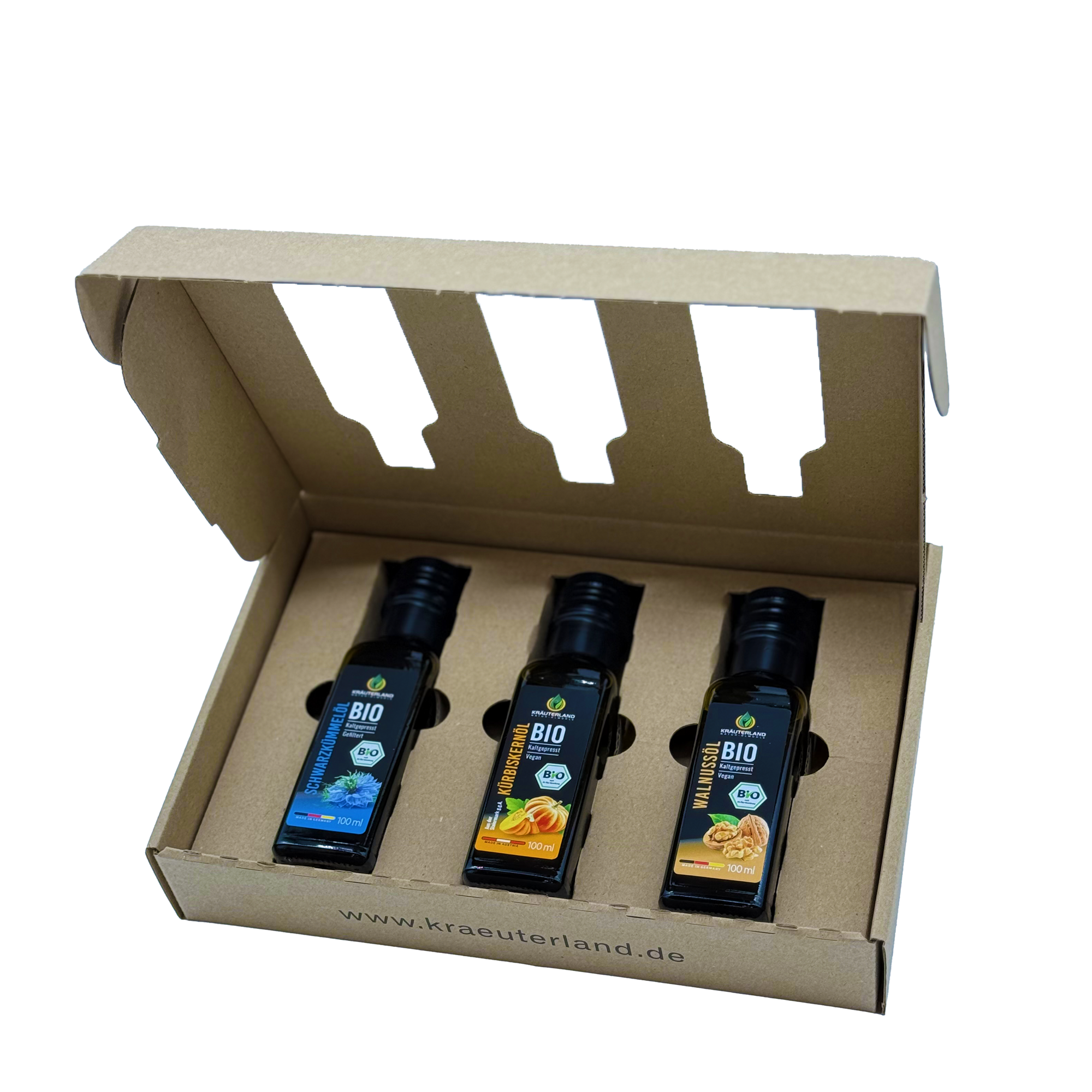 Bio Gourmet Speiseöl Set 100 ml – Kürbiskernöl, Schwarzkümmelöl und Walnussöl in geöffneter Geschenkbox