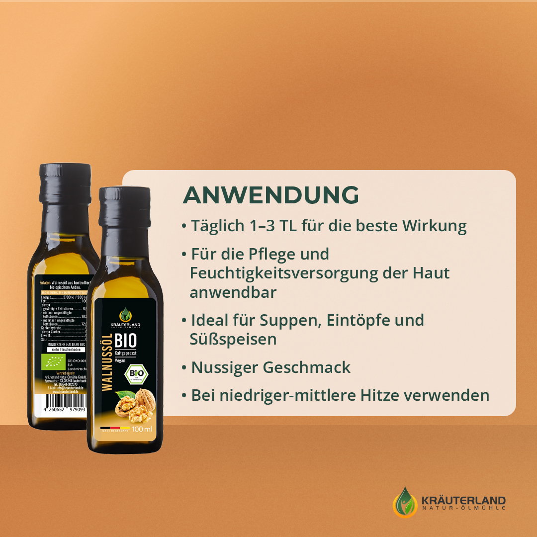 Kräuterland Bio Walnussöl Anwendung und Nutzungsmöglichkeiten Bio Walnussöl von Kräuterland mit Anwendungshinweisen für Küche Hautpflege und täglichen Gebrauch
