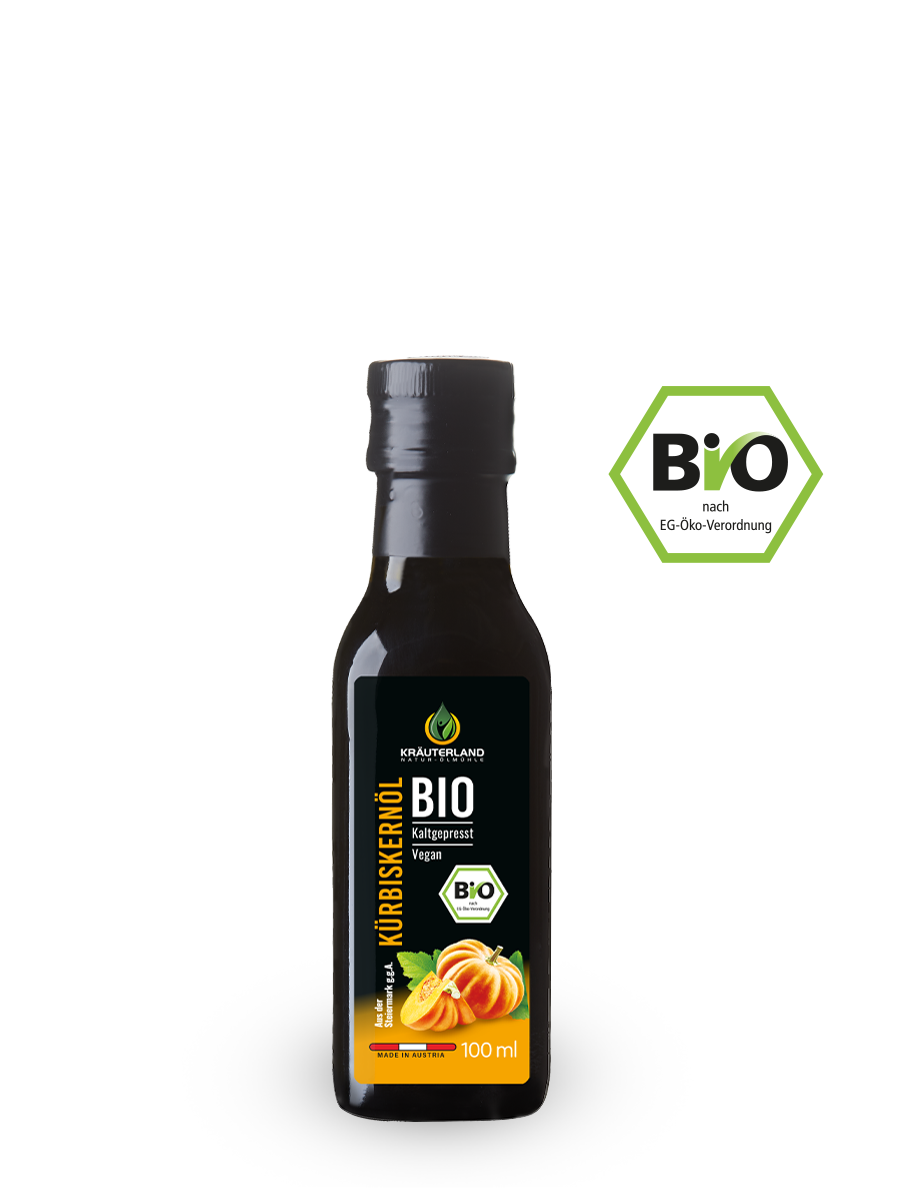 Kräuterland Bio Kürbiskernöl 100 ml mit EU Bio Siegel auf weißem Hintergrund