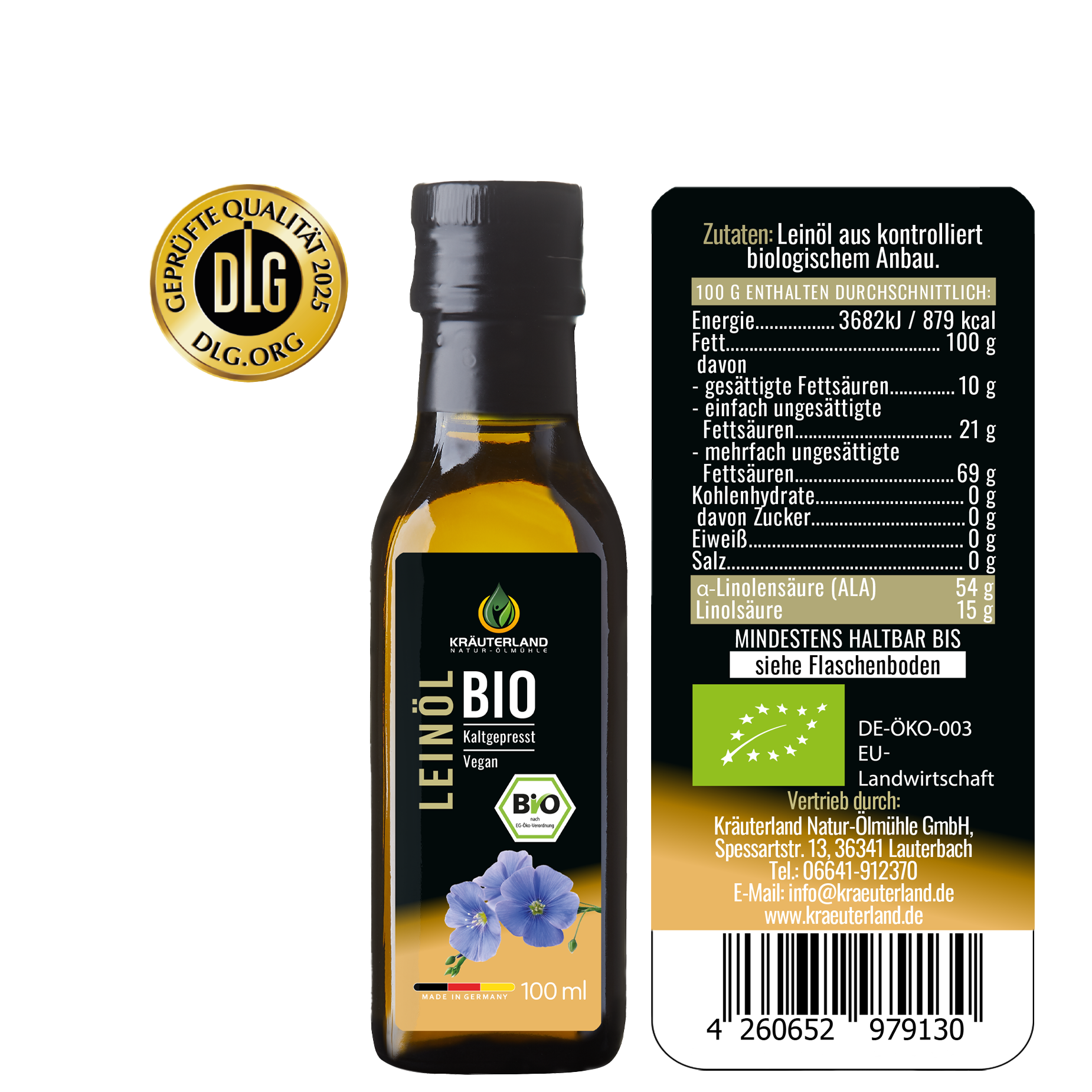 Rückseite des Kräuterland Bio Leinöls mit Zutatenliste Nährwerttabelle und Bio Zertifizierung