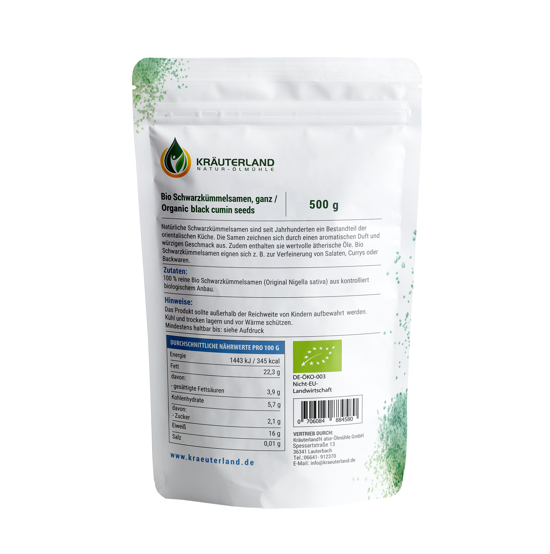 Bio Schwarzkümmel Samen 500g Rückseite Bio Schwarzkümmel Samen 500g Rückseite