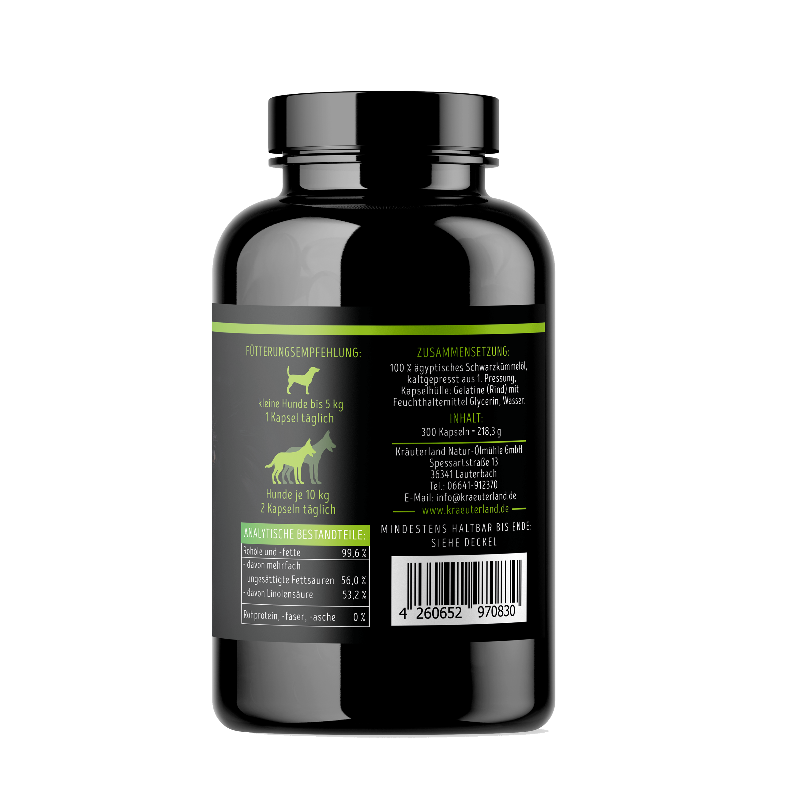 Schwarzkümmelöl Kapseln für Hunde 300 Stück Seitenansicht