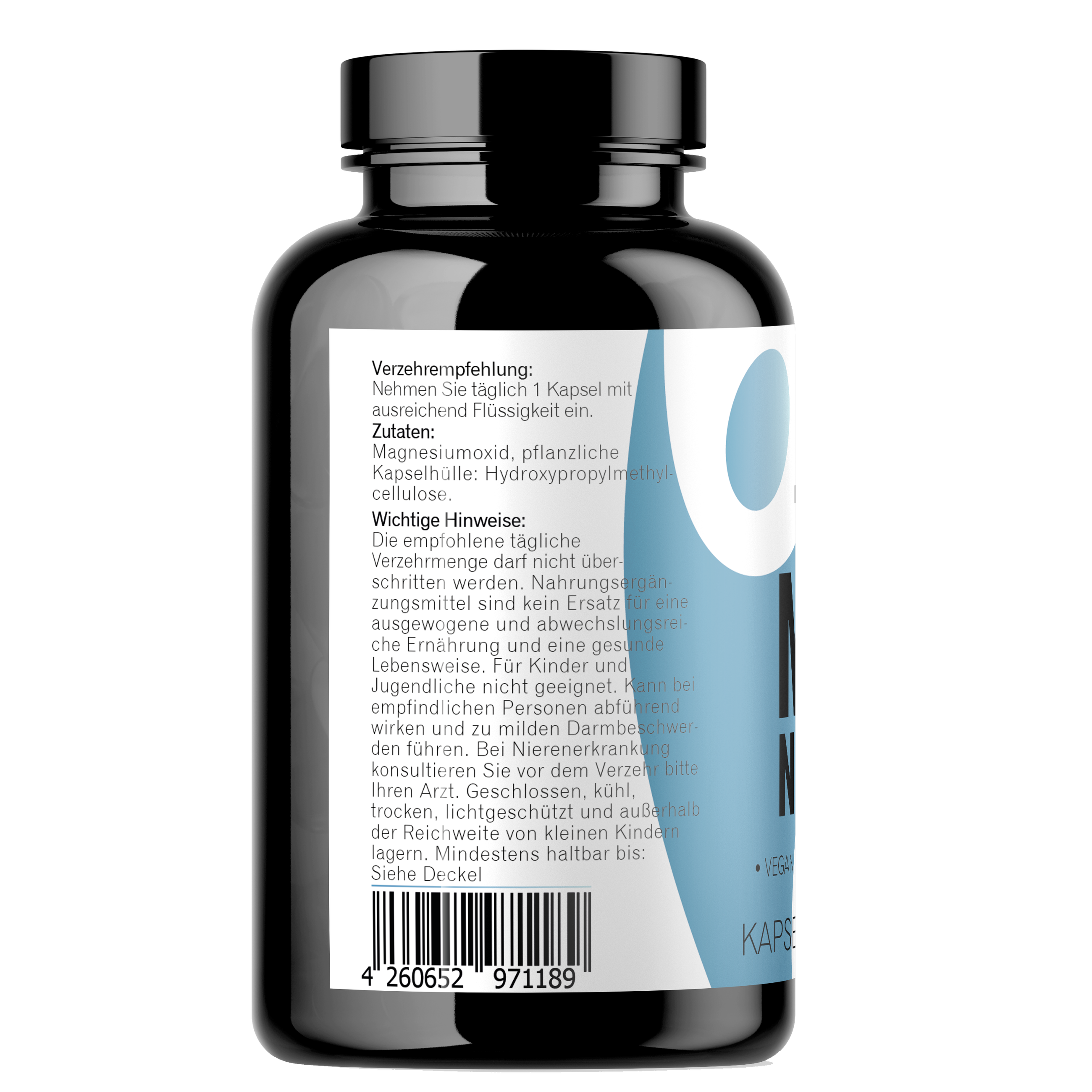 Seitenansicht von Magnesium Kapseln 365 Stück mit Zutaten