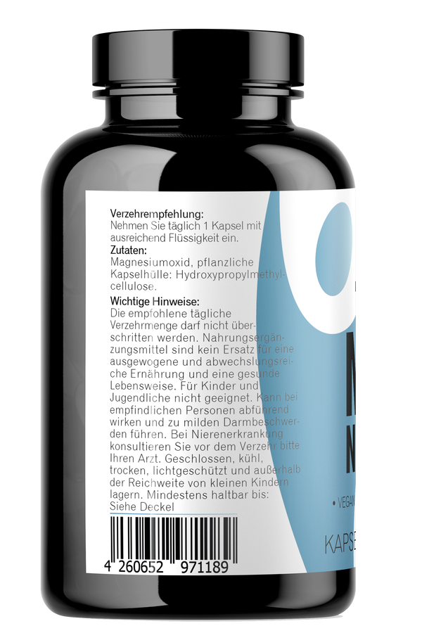 Seitenansicht von Magnesium Kapseln 365 Stück mit Zutaten