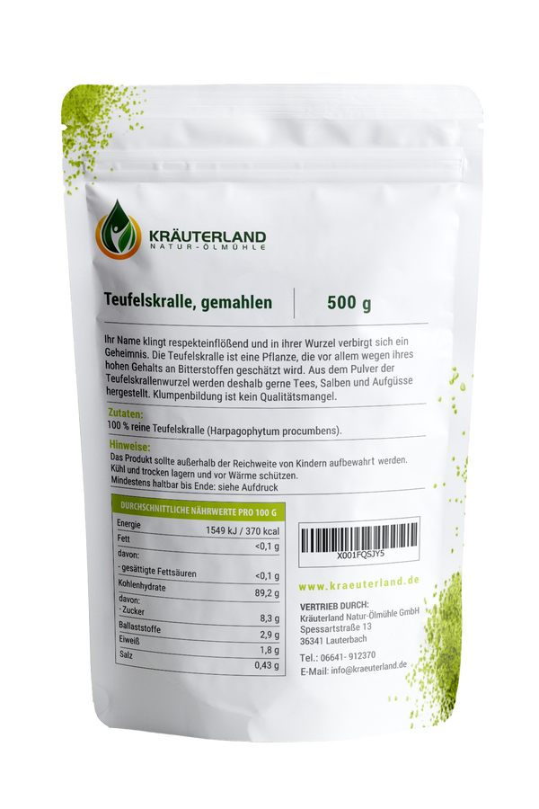 Bio Teufelskralle gemahlen 500g Rückseite Bio Teufelskralle gemahlen 500g Rückseite