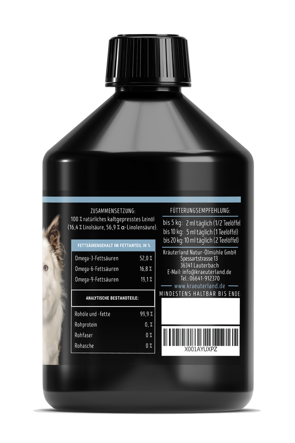 Seitenansicht von Leinöl Flasche für Hunde