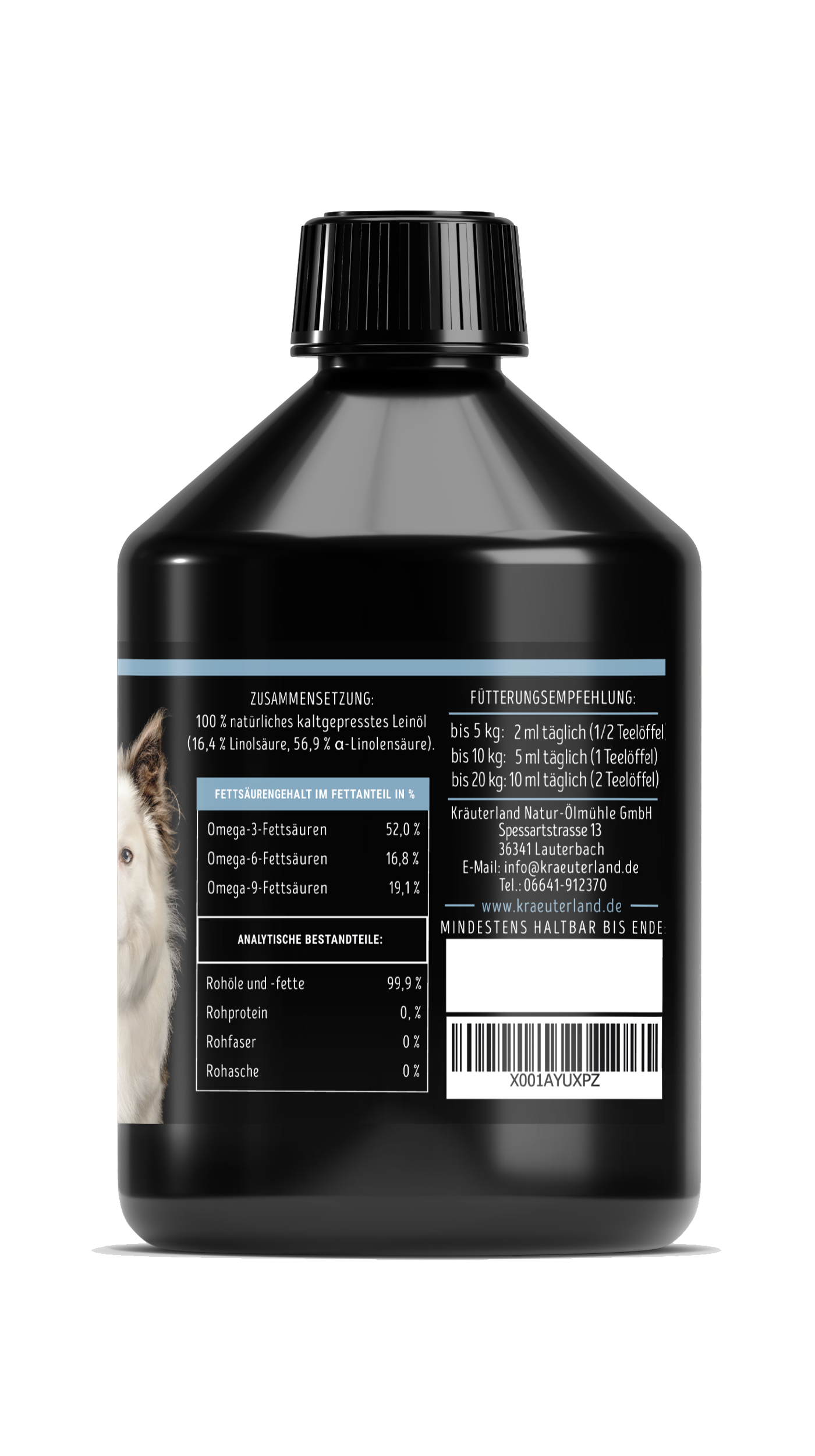 Seitenansicht von Leinöl Flasche für Hunde Seitenansicht von Leinöl Flasche für Hunde