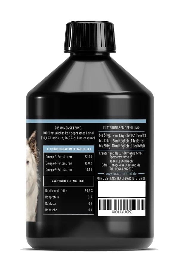 Seitenansicht von Leinöl Flasche für Hunde Seitenansicht von Leinöl Flasche für Hunde