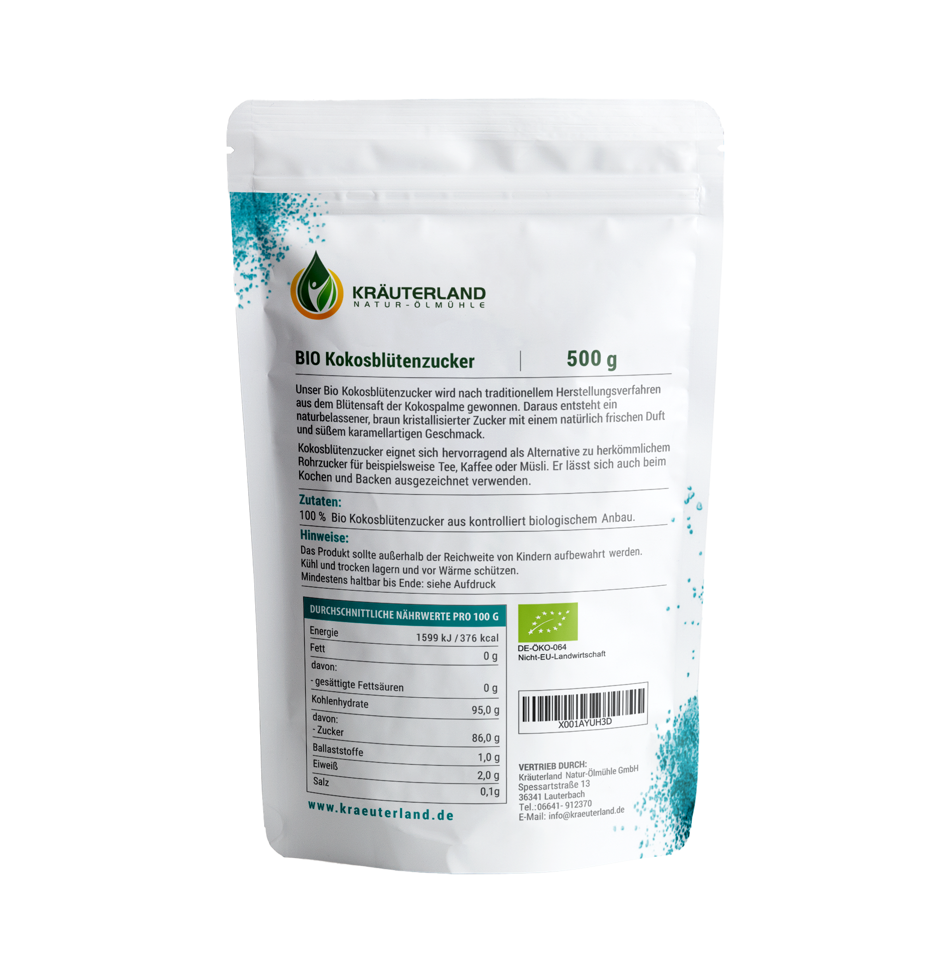Bio Kokosblütenzucker 500 g Rückseite Bio Kokosblütenzucker 500 g Rückseite