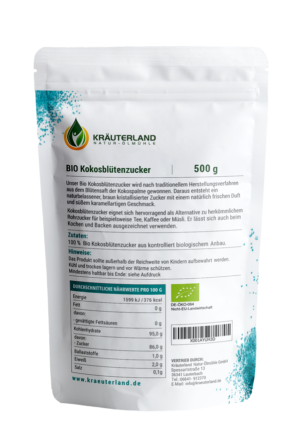Bio Kokosblütenzucker 500 g Rückseite Bio Kokosblütenzucker 500 g Rückseite