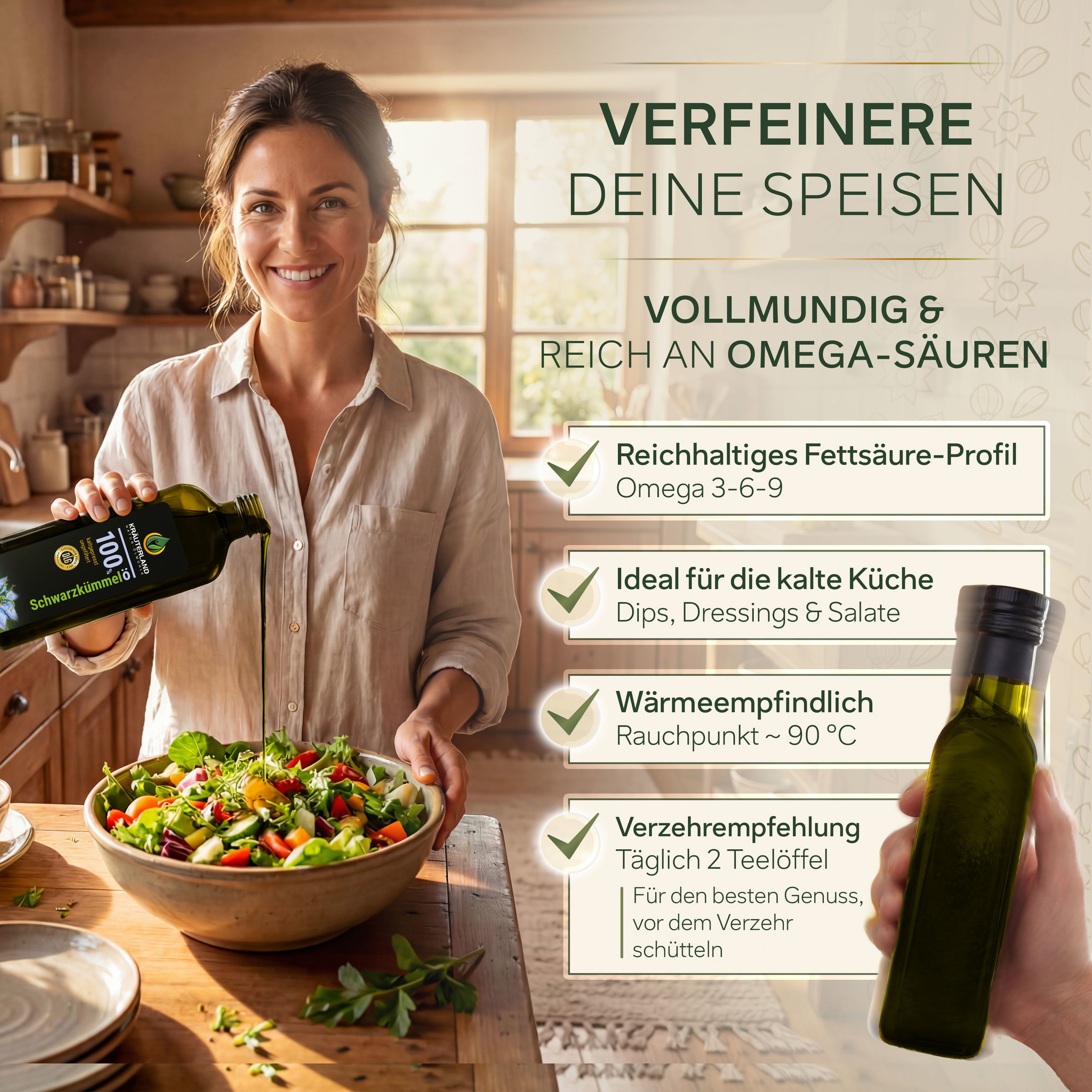 Kräuterland Schwarzkümmelöl ungefiltert 1 Liter zum Verfeinern von Speisen, ideal für Dressings, Dips und Salate in der kalten Küche