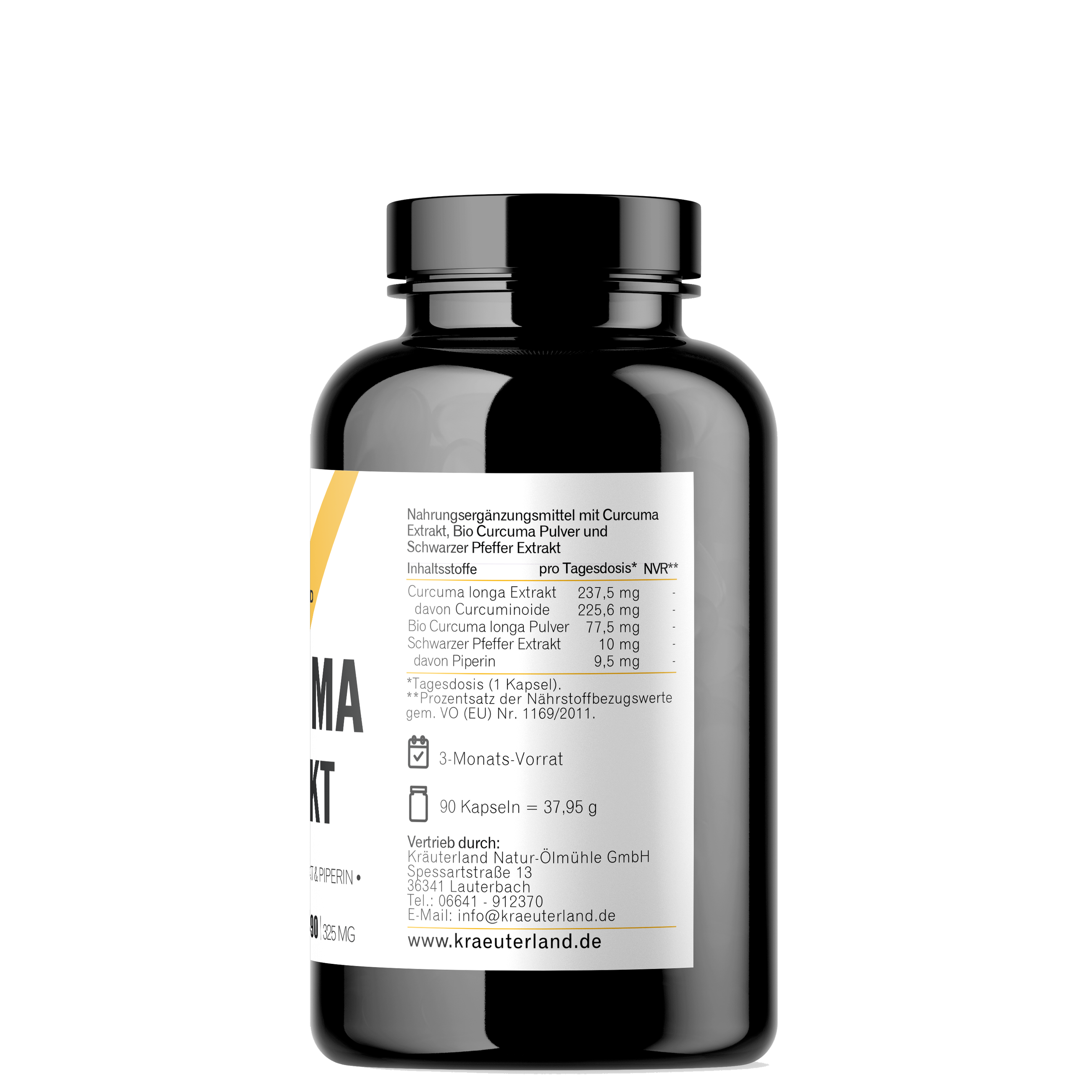 Kurkuma Kapseln 90 Stück Seitenansicht mit Nährwertangaben