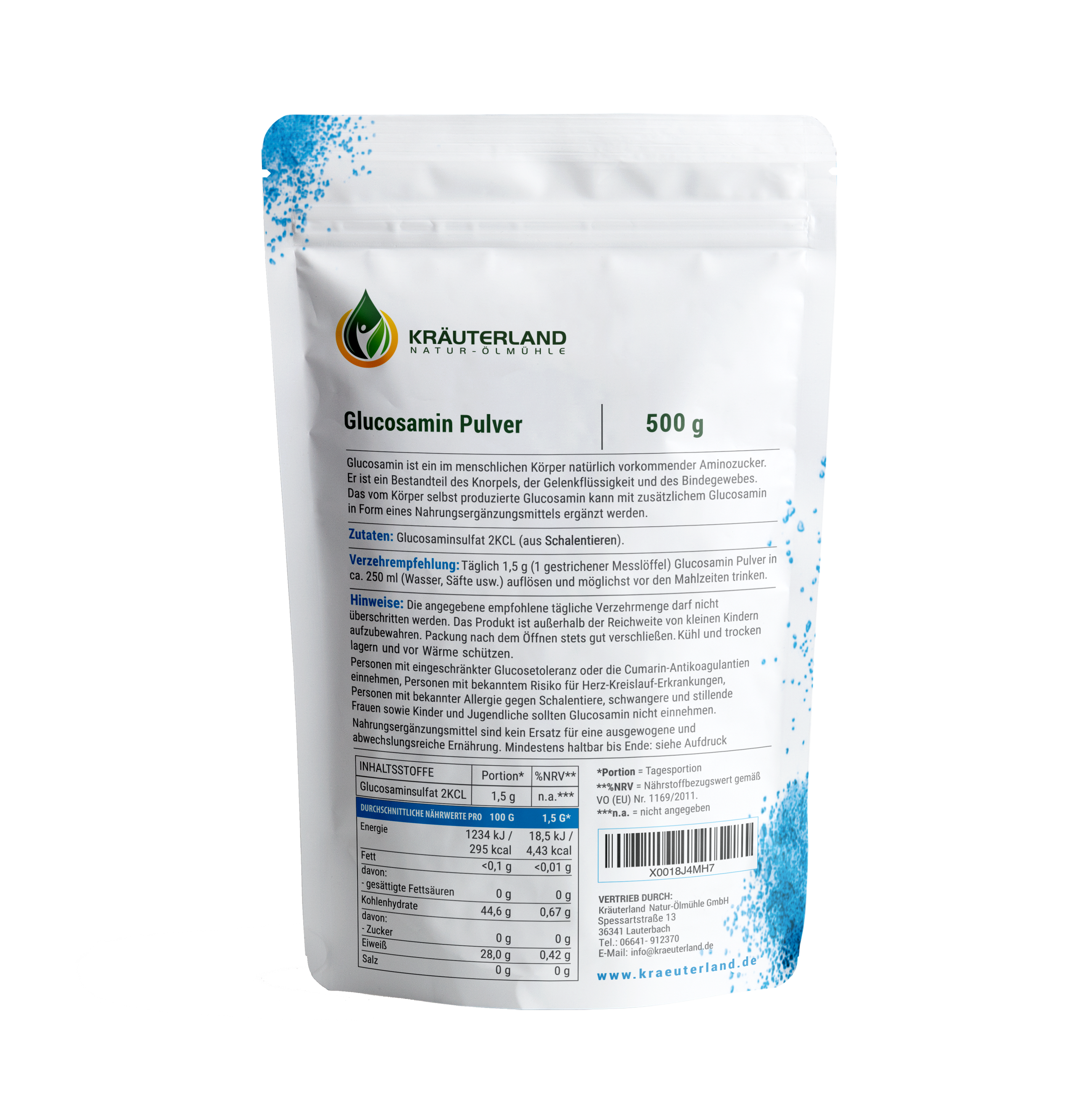 Glucosaminsulfat Pulver 500g Rückseite Glucosaminsulfat Pulver 500g Rückseite