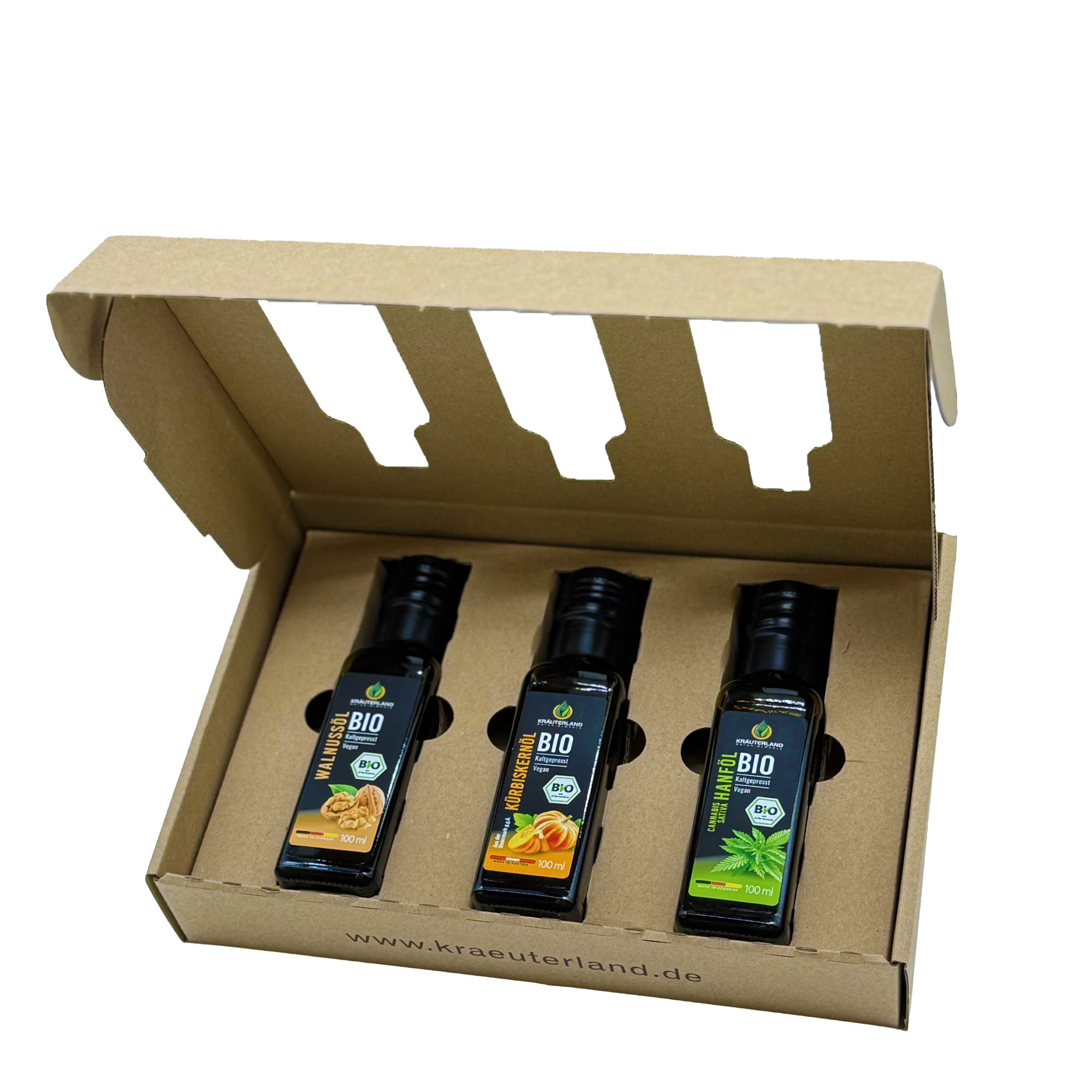 Bio Salatöl Set 100 ml – Kürbiskernöl, Hanföl und Walnussöl in geöffneter Geschenkverpackung