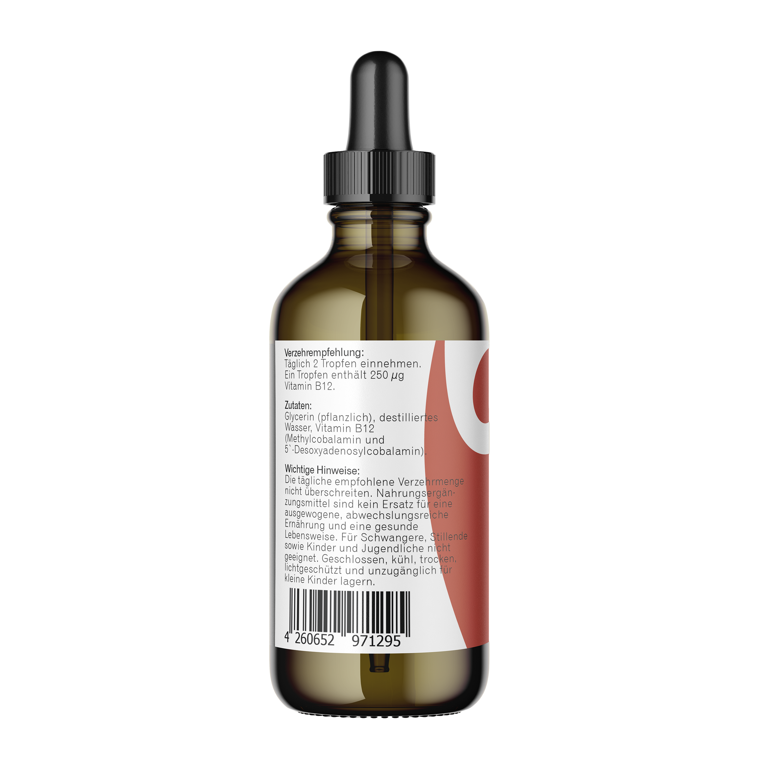 Vitamin B12 Tropfen Flasche Seitenansicht mit Inhaltsangaben Seitenansicht einer Vitamin B12 Tropfenflasche mit Zutatenliste und Hinweisen
