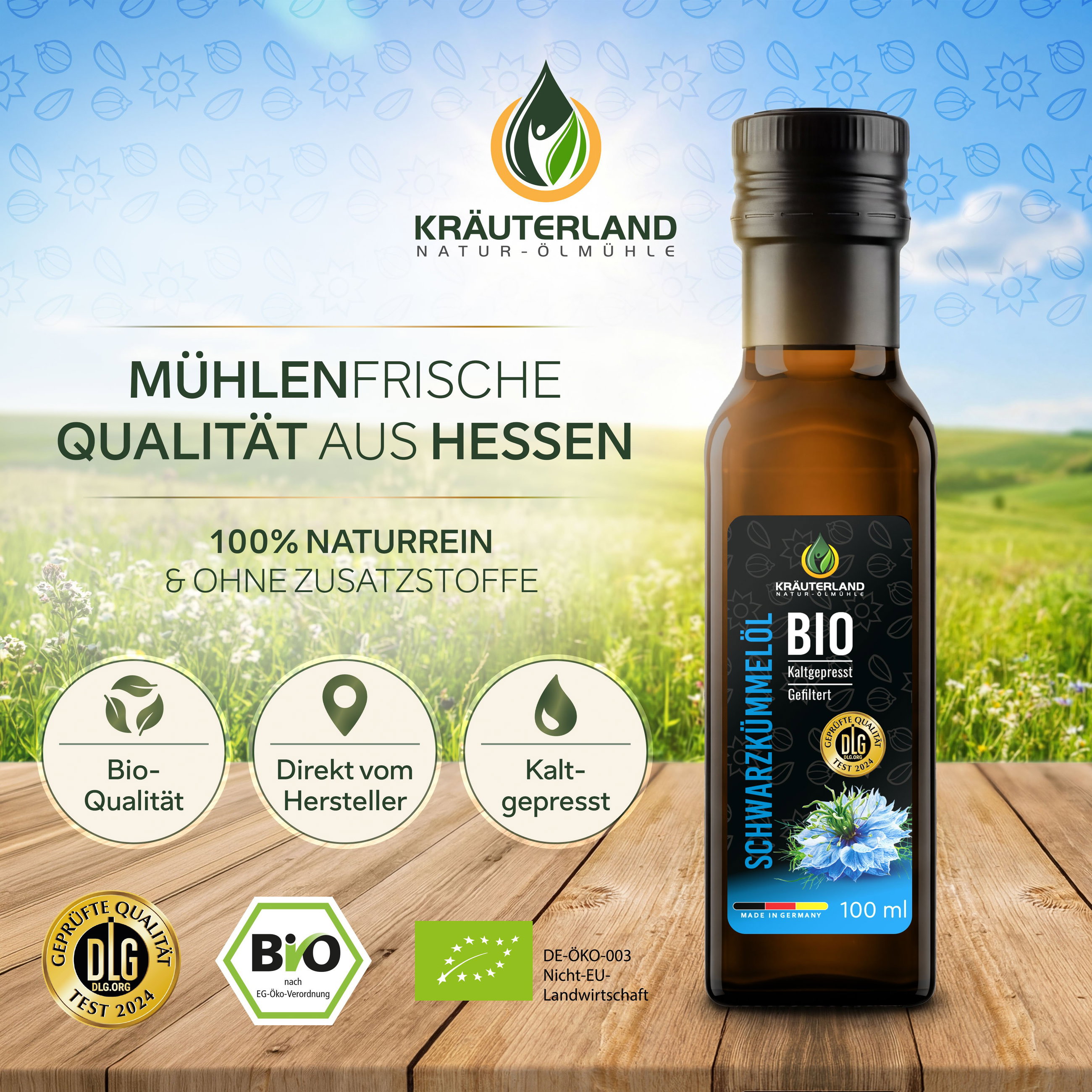 Kräuterland Bio Schwarzkümmelöl gefiltert 100 ml Kräuterland Bio Schwarzkümmelöl gefiltert 100 ml in mühlenfrischer Qualität aus Hessen, naturrein und ohne Zusatzstoffe