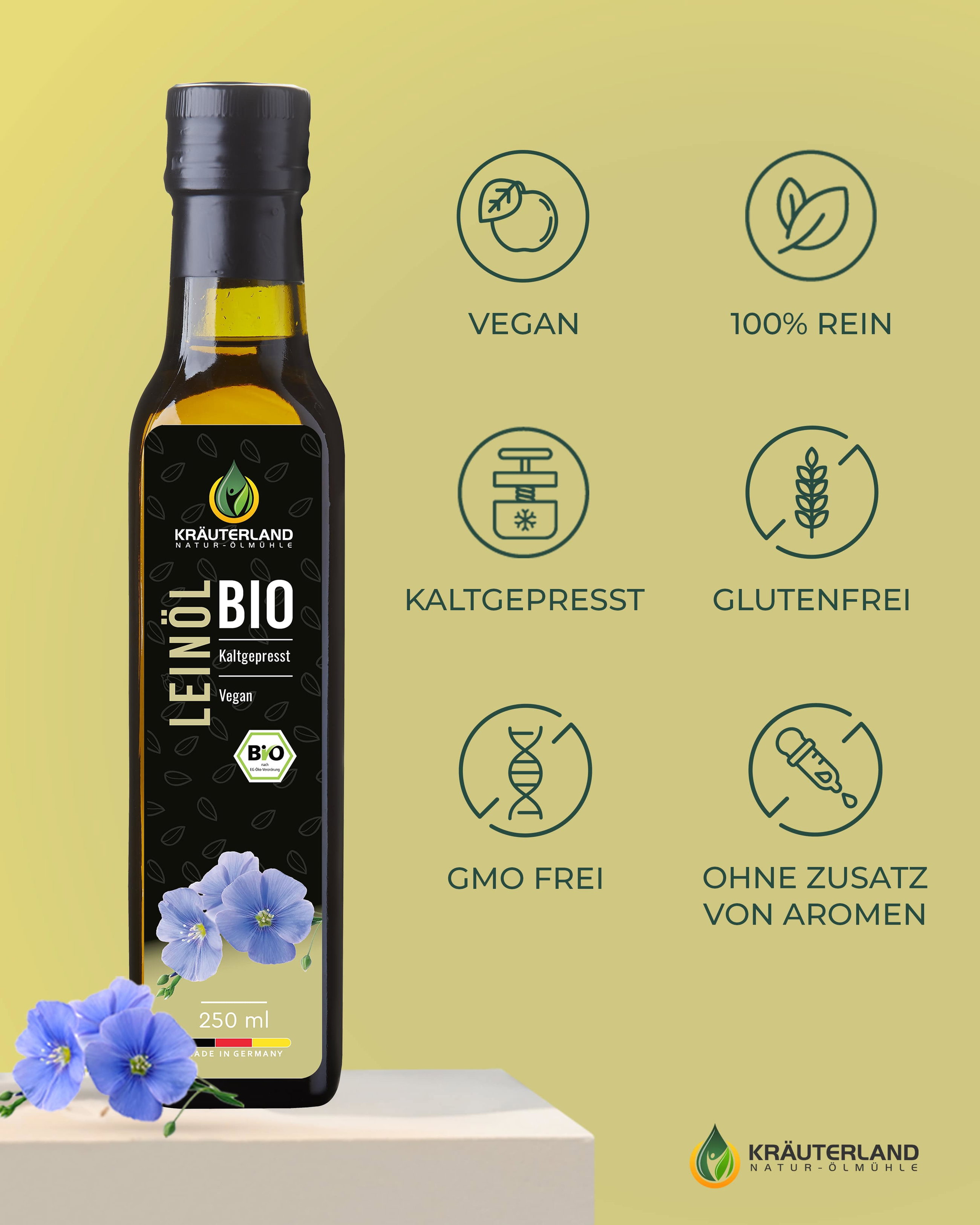 Kräuterland Bio Leinöl 250 ml Vegan, Rein und ohne Zusätze Kräuterland Bio Leinöl 250 ml Vegan, Rein und ohne Zusätze