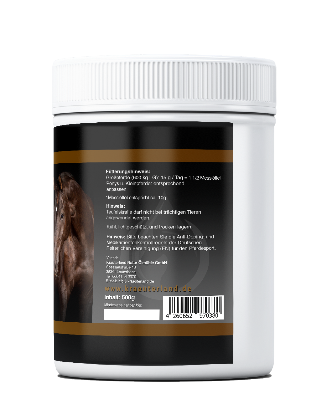 Seitenansicht von Teufelskralle 500g mit Herstellerangaben Seitenansicht von Teufelskralle 500g mit Herstellerangaben