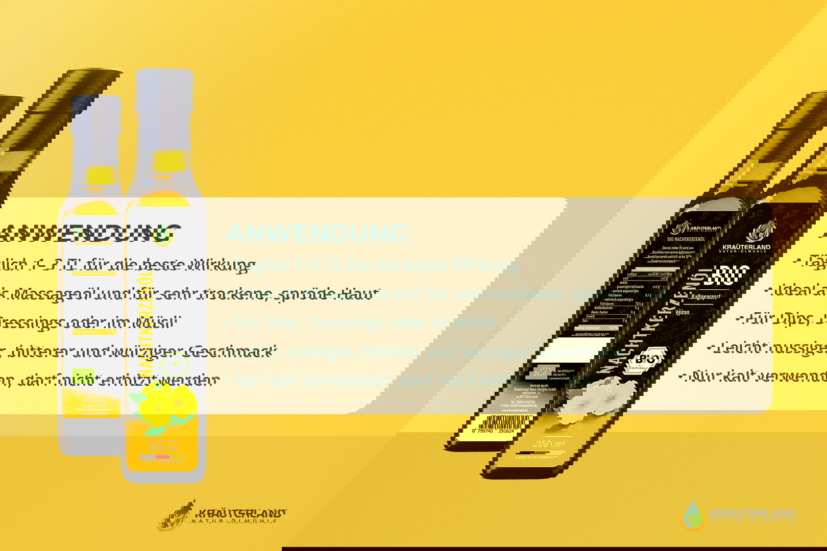 Anwendungstipps für Kräuterland Bio Nachtkerzenöl – ideal für Hautpflege, Massage und kalte Speisen