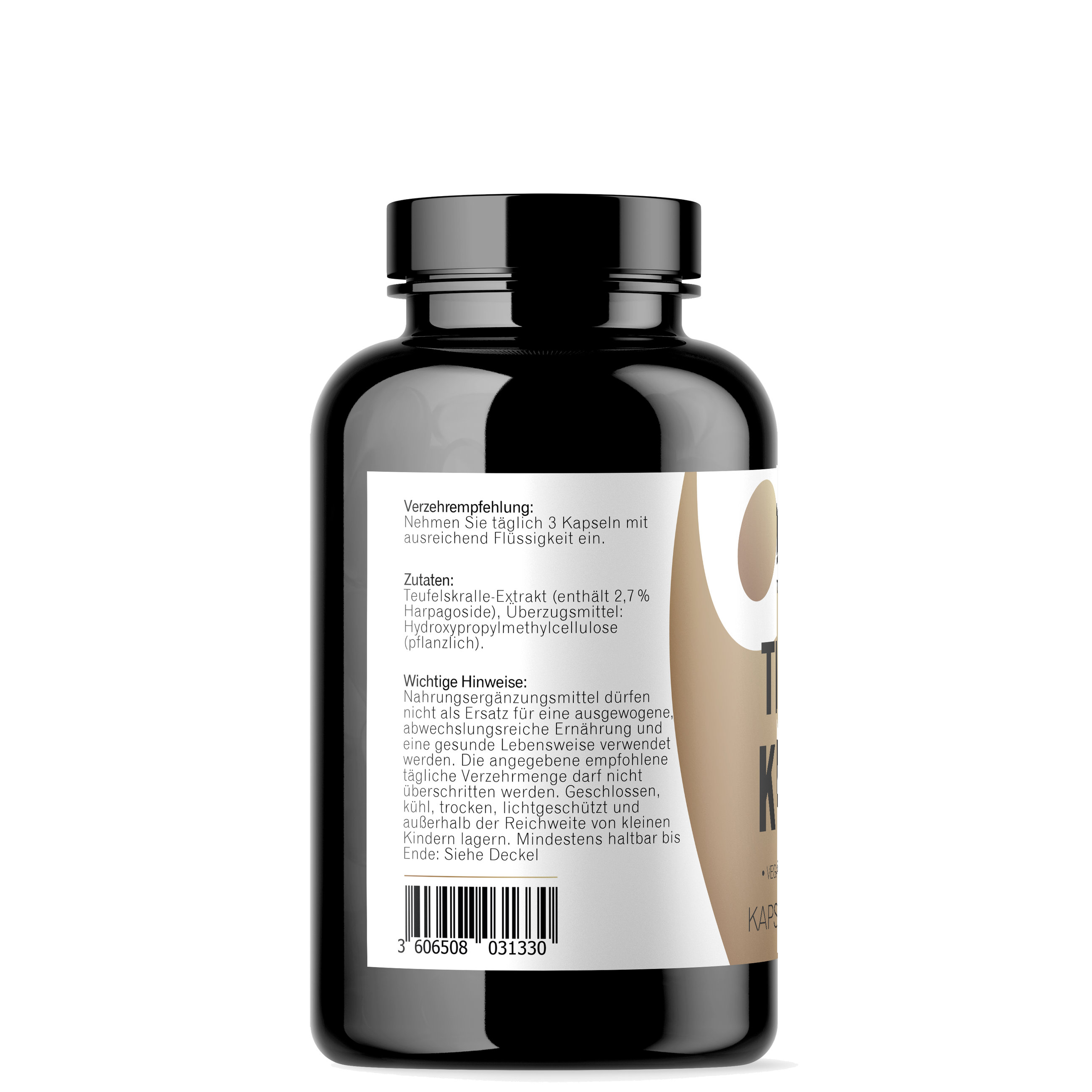 Teufelskralle Kapseln 150 Stück Seitenansicht mit Zutaten